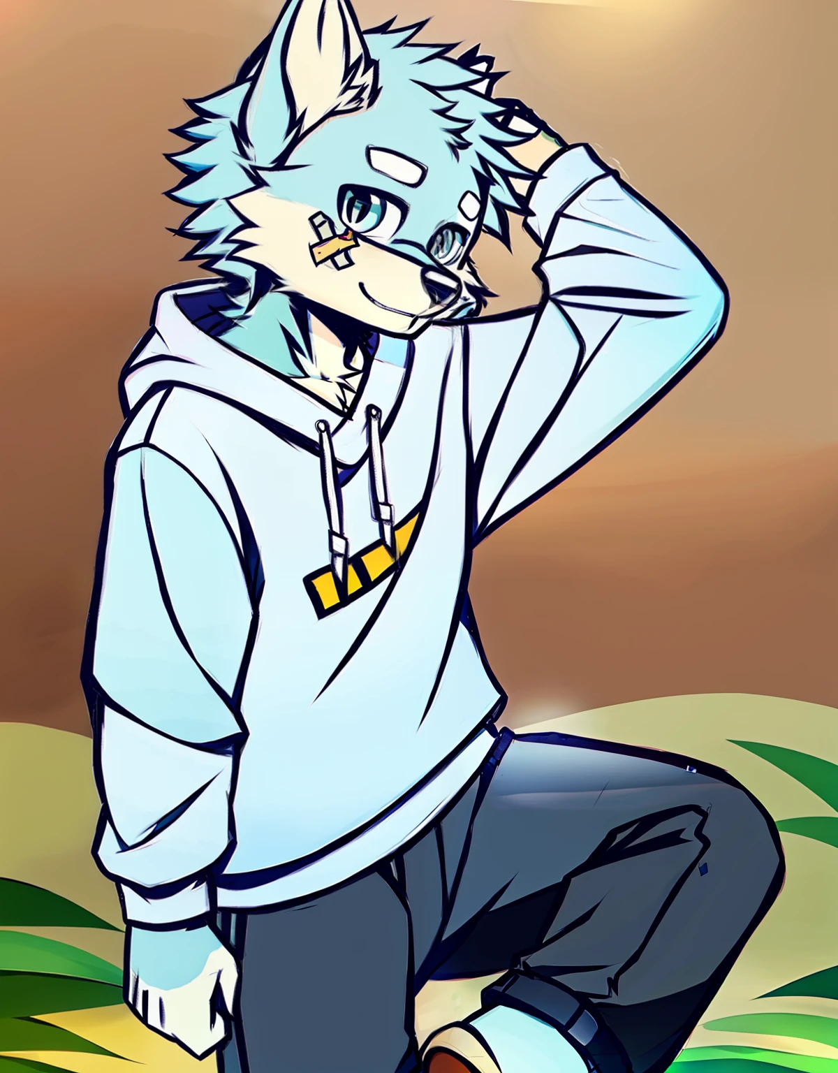 Dog, light blue fur, white sweatshirt, black pants, band-aid, kid, summer, pose, humanoid