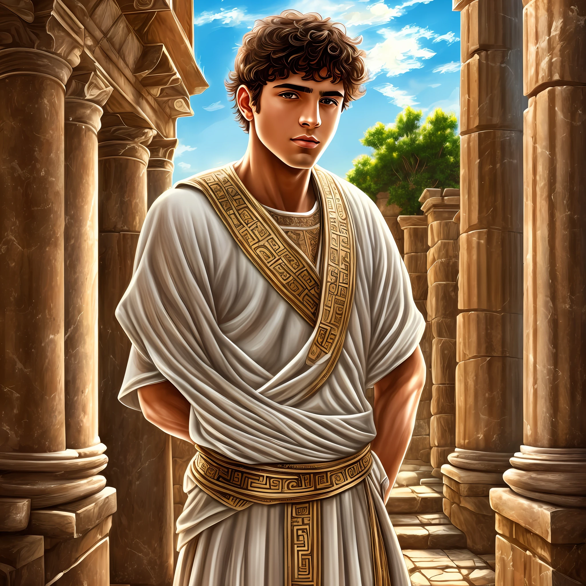 An ancient Greek boy, young, adolescent, king of Crete, Crete, cute, petite, graceful, elegant presence, chestnut short hair, hazel eyes, fully clothed with fashionable ancient Greek clothing, standing inside ancient Greek palace of Crete, intricate, elegant, highly detailed, digital painting by artgerm and artstation, masterpiece, one person only, extremely detailed, detailed background, best quality, ((fully clothed)), ancient Greek architecture, ancient Greece, Crete. clean shaven, flowers, effeminate, beardless