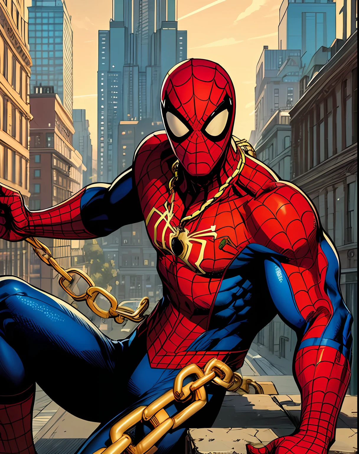 ( spiderman wearing gold chains around his neck ), gold chains, sunglasses, ((masterpiece)), (best quality), HDR, detailed background, cityscape, jim lee