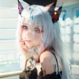 Red eyes, black cat ears, white hair