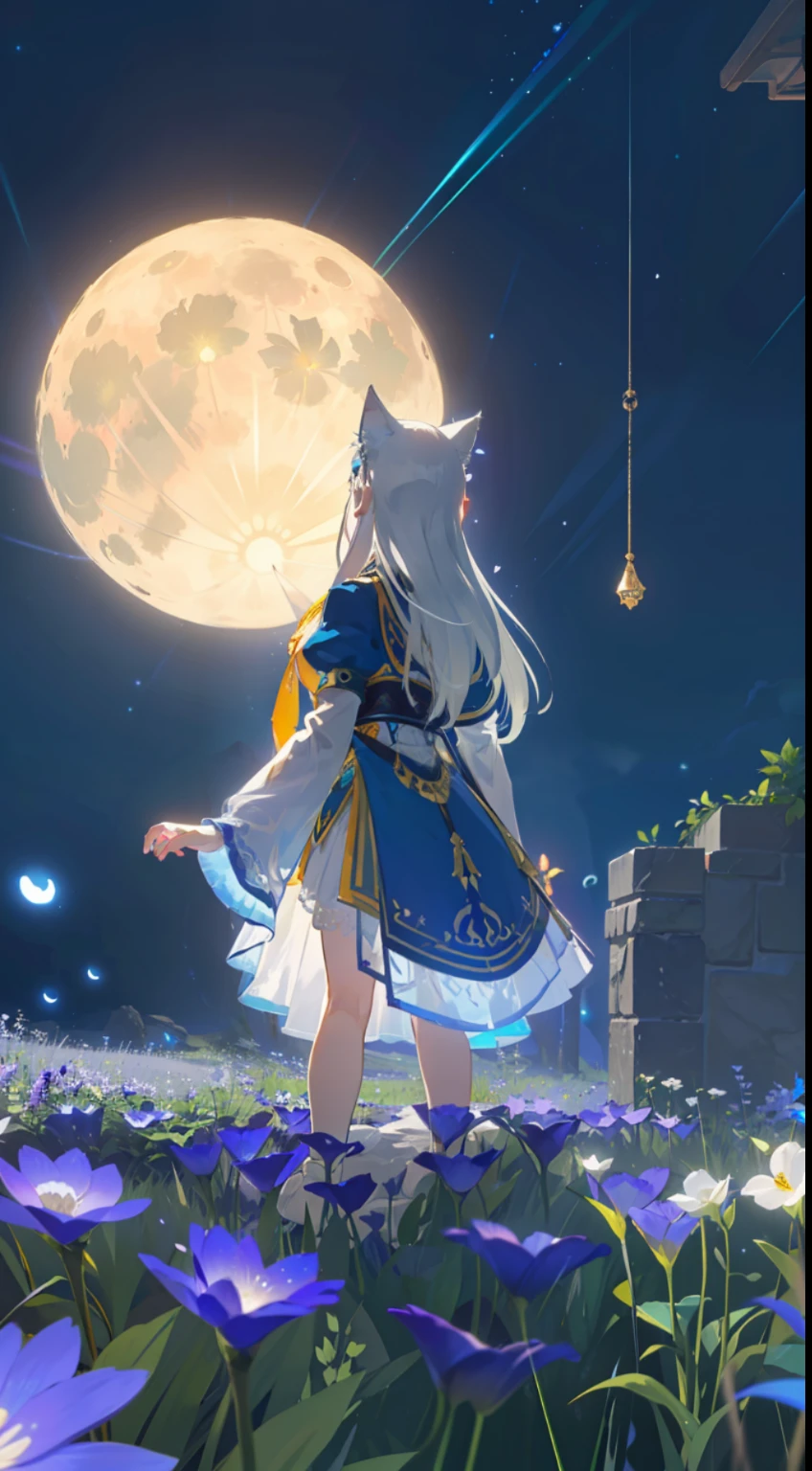 Extensive landscape photo , (above and below looking down), girl standing in flower field looking up, (full moon:1.2), ( shooting stars:0.9), (nebula:1.3), starry sky, white flower field, flower field shining, fantastic flower field, tree , (warm light source:1.2), (firefly:1. 2), lamp, orange and blue mostly fine details, voluminous lighting BREAK (Masterpiece:1.2), (top quality), 4k, super detailed, (dynamic composition:1.4), very fine details, colorful details, ( iridescent:1.2), (glowing lighting, atmospheric lighting), dreamy, fantastic, (solo:1.2), sparkling, glow, petals dancing, white hair, beautiful hair, long hair, cat ears, back view, water effects, soap bubbles, posed, hands are hidden in sleeves, Large lacy sleeves