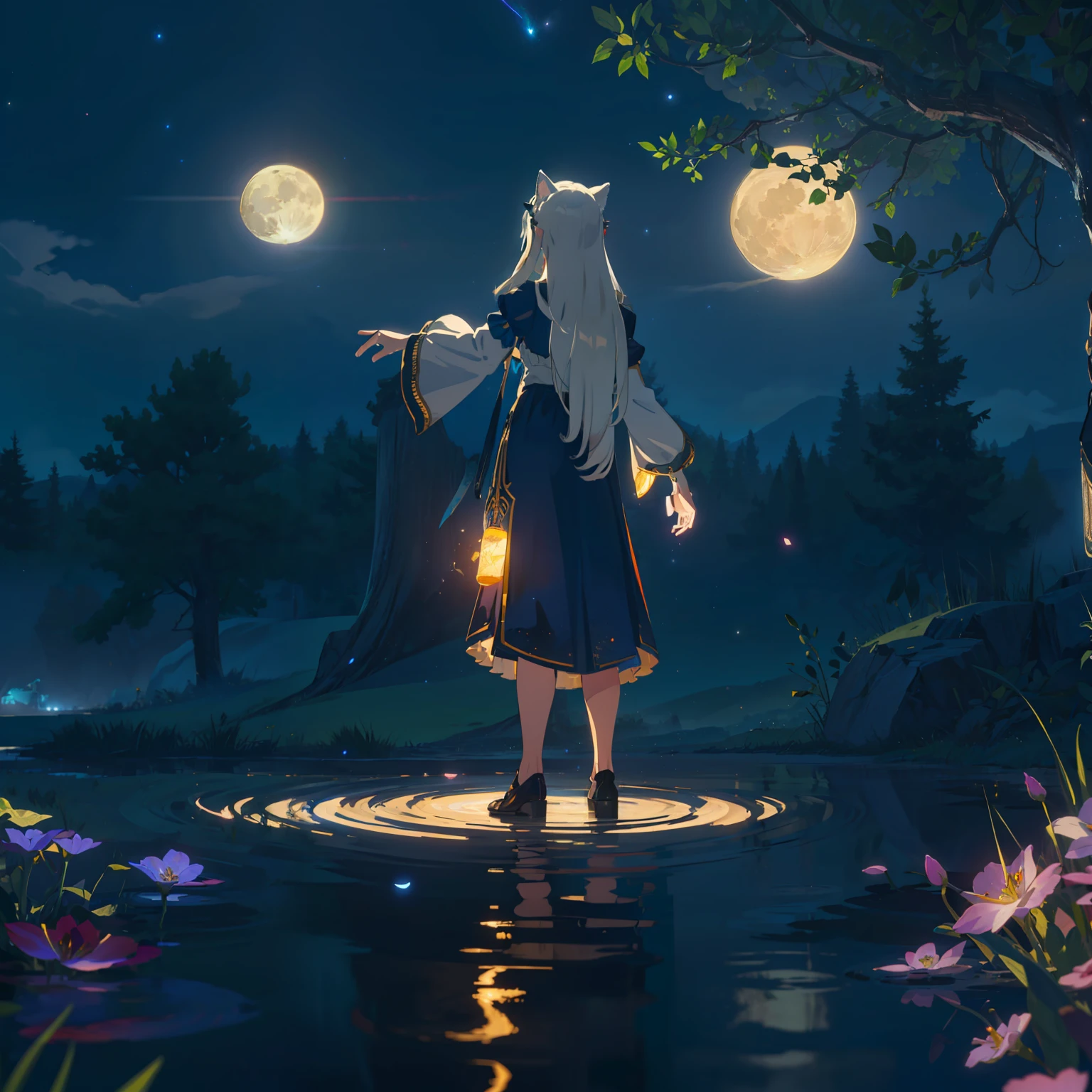 Extensive landscape photo , (above and below looking down), girl standing in flower field looking up, (full moon:1.2), ( shooting stars:0.9), (nebula:1.3), starry sky, white flower field, flower field shining, fantastic flower field, tree , (warm light source:1.2), (firefly:1. 2), lamp, orange and blue mostly fine details, voluminous lighting BREAK (Masterpiece:1.2), (top quality), 4k, super detailed, (dynamic composition:1.4), very fine details, colorful details, ( iridescent:1.2), (glowing lighting, atmospheric lighting), dreamy, fantastic, (solo:1.2), sparkling, glow, petals dancing, white hair, beautiful hair, long hair, cat ears, back view, water effects, soap bubbles, posed, hands are hidden in sleeves, Large lacy sleeves