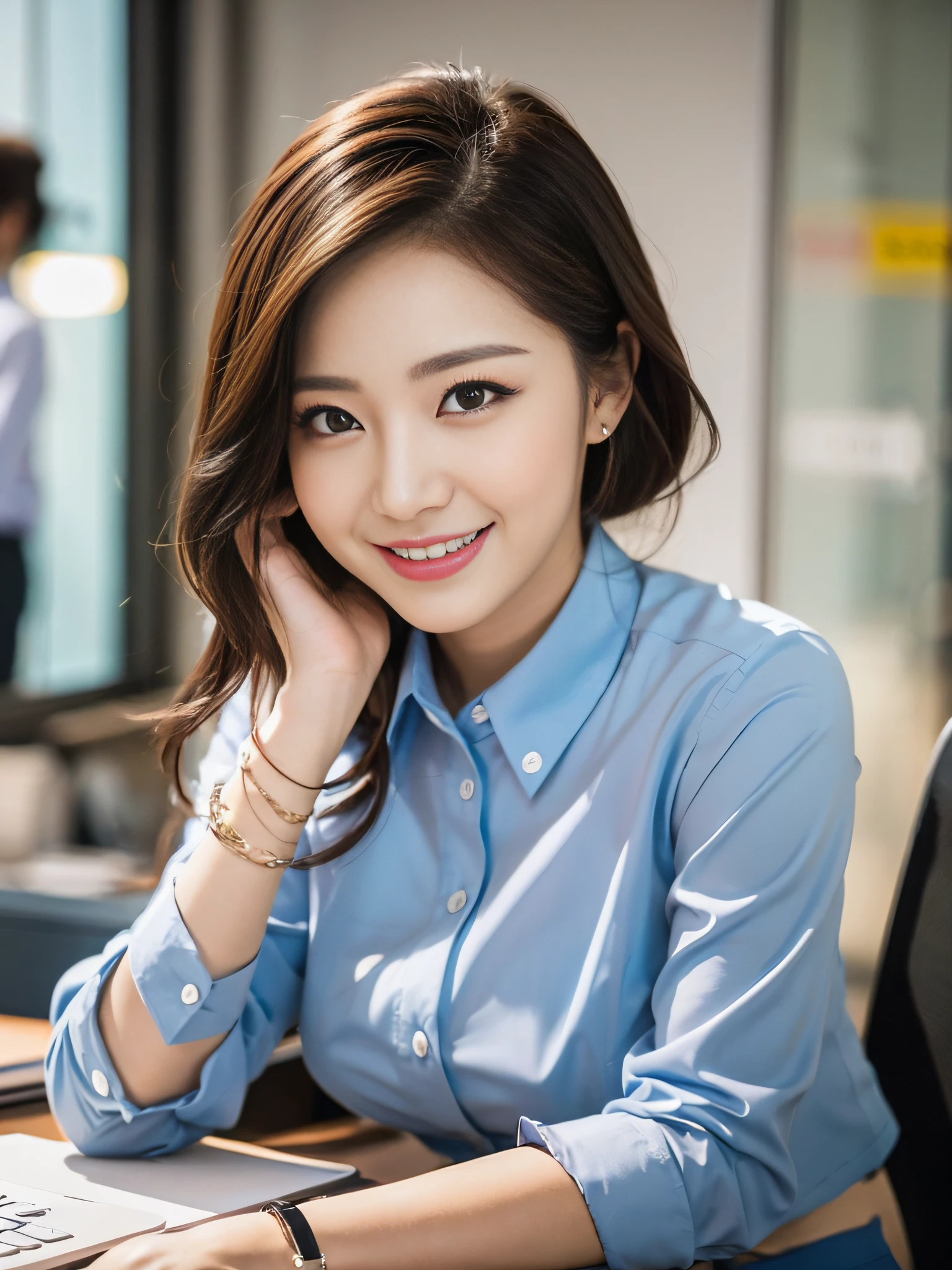 Working at a desk, high quality, ultra-realistic, office lady, smart formal, makeup, smile, beautiful eyes, beautiful and accurate face, beautiful minion, background is office