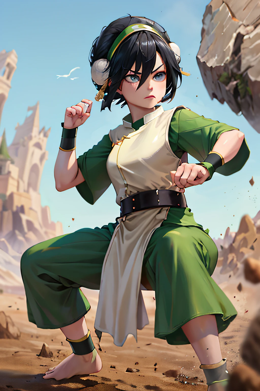 masterpiece, best quality, highres, 1girl, solo, black hair, hairband, belt, short hair, dress, blue eyes, hair bun, green hairband, blind, chinese clothes, hair bun, green dress, short sleeves, pelvic curtain, barefoot, fighting stance, rock, outdoors,