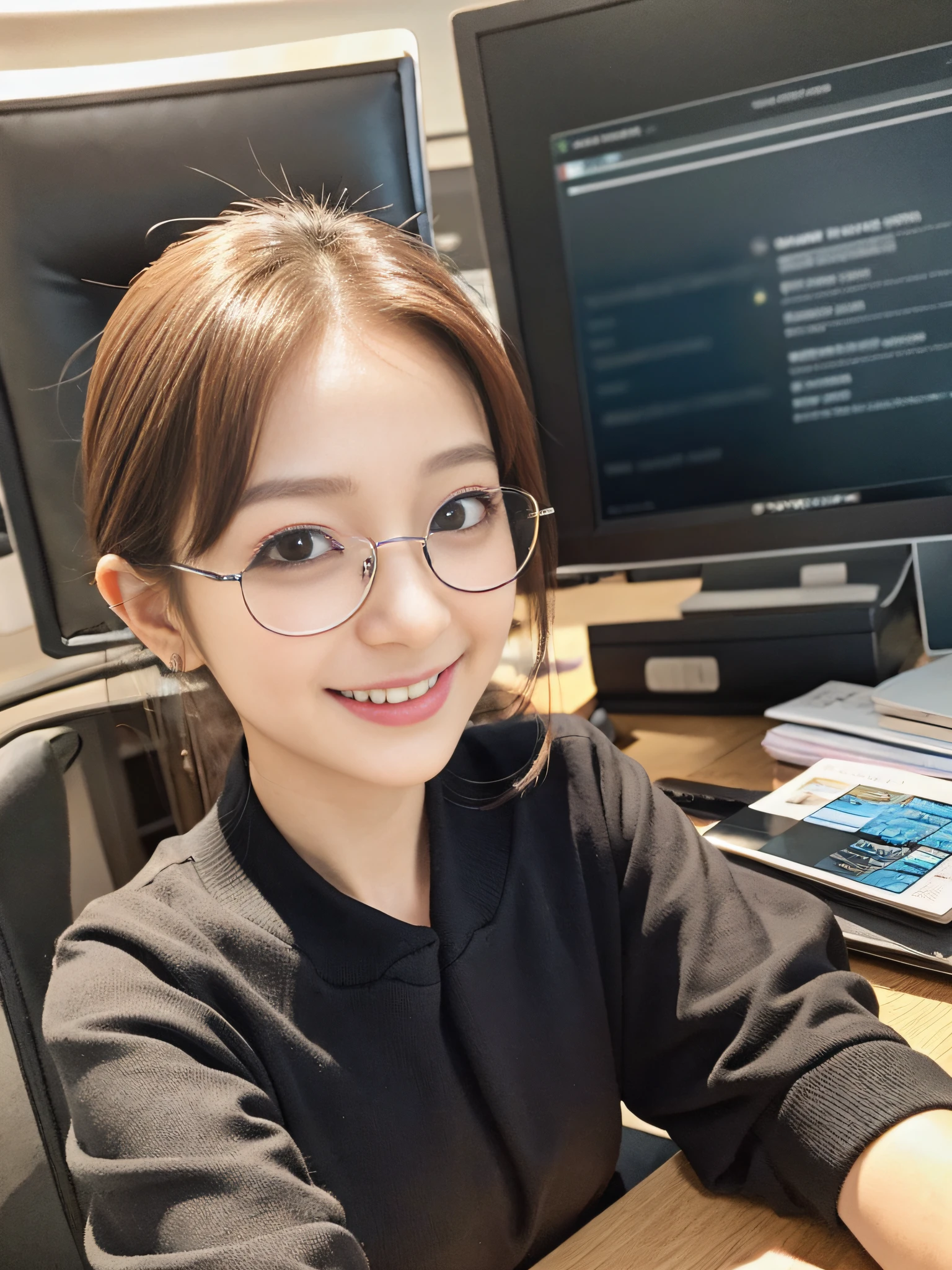 Working at a desk, high quality, ultra-realistic, office lady, makeup, smile, beautiful eyes, beautiful and accurate face, beautiful minion, background is office