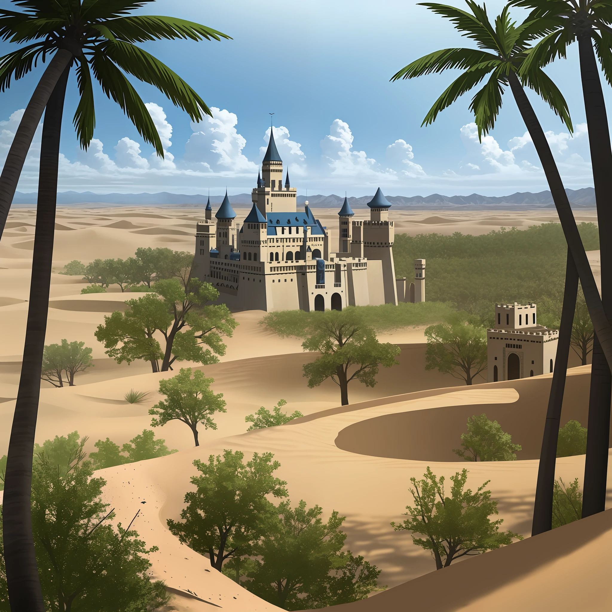 Birds in desert castle with thunder and coconut trees