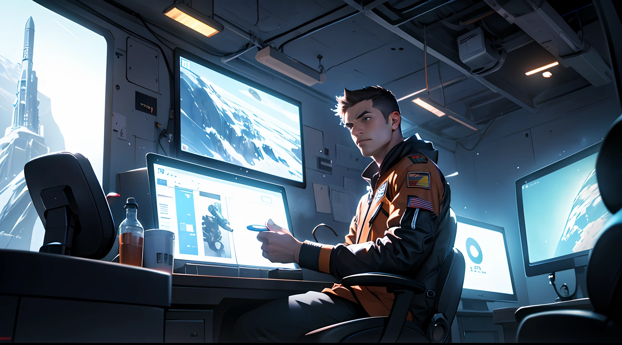 , Masterpiece, Best Quality, 8K, Ultra Highres, (Ice Age, Ice), in the spacecraft's command room, holographic projection displays project the surrounding scene into the air, and the crew operates complex consoles. The commander stood in the center, looking out the window at the endless ice field, thinking about his next move. The lights in the cabin are soft and mysterious, and the whole space is filled with an atmosphere of exploring the unknown. --auto