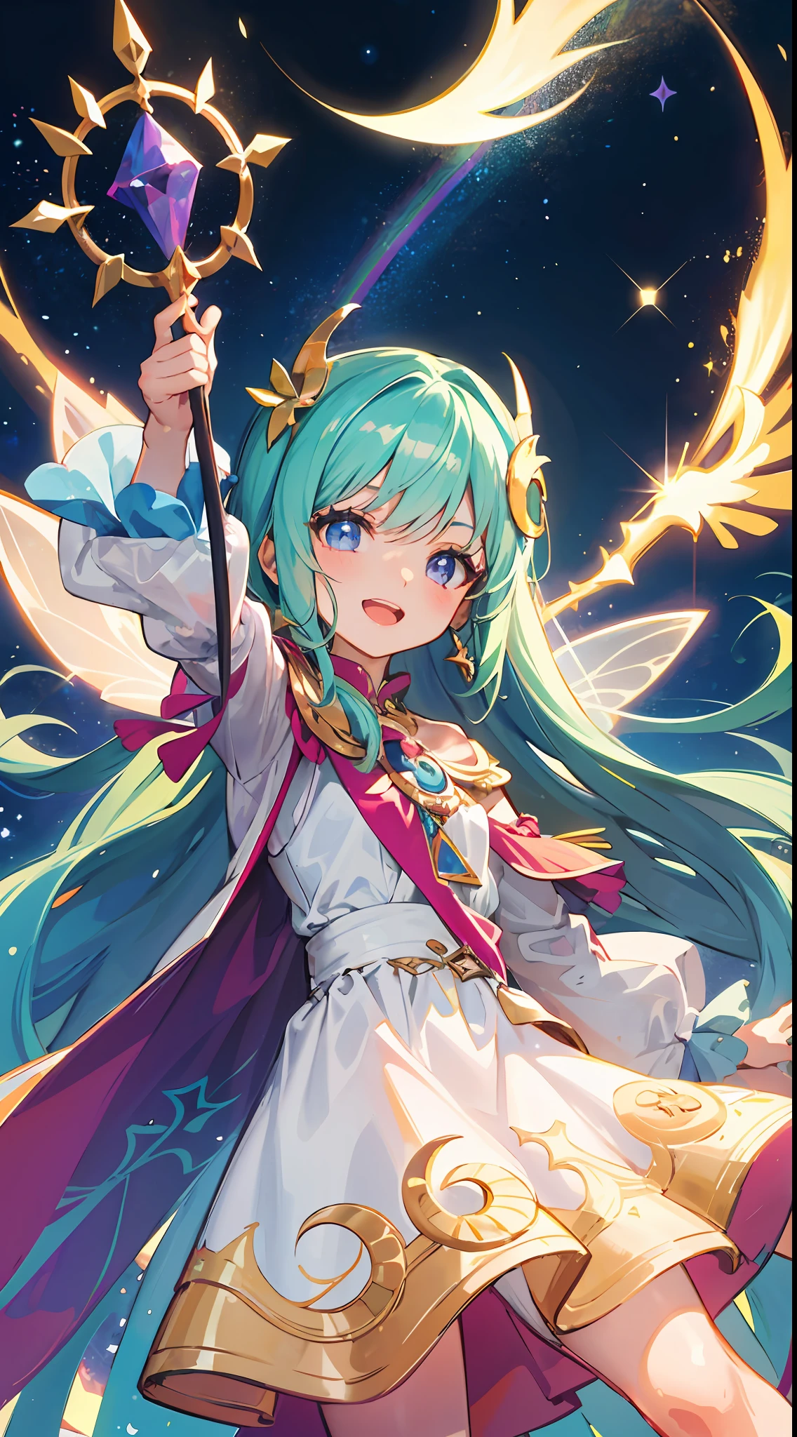 Draw a loli goddess radiating joy and wonder all around her. This goddess has long pastel-colored hair that flows freely like strands of blooming flowers. Her eyes sparkle with rainbow hues, reflecting wisdom and grace. She wears a layered dress adorned with star and crescent moon motifs, symbolizing the cosmic powers she commands. In her hand, she holds a glowing magical staff with vibrant colors. Surrounding her, there are adorable creatures such as fairies and small animals flying, considering her their protector. This loli goddess is the guardian of happiness and enchantment, bringing joy to anyone who encounters her.