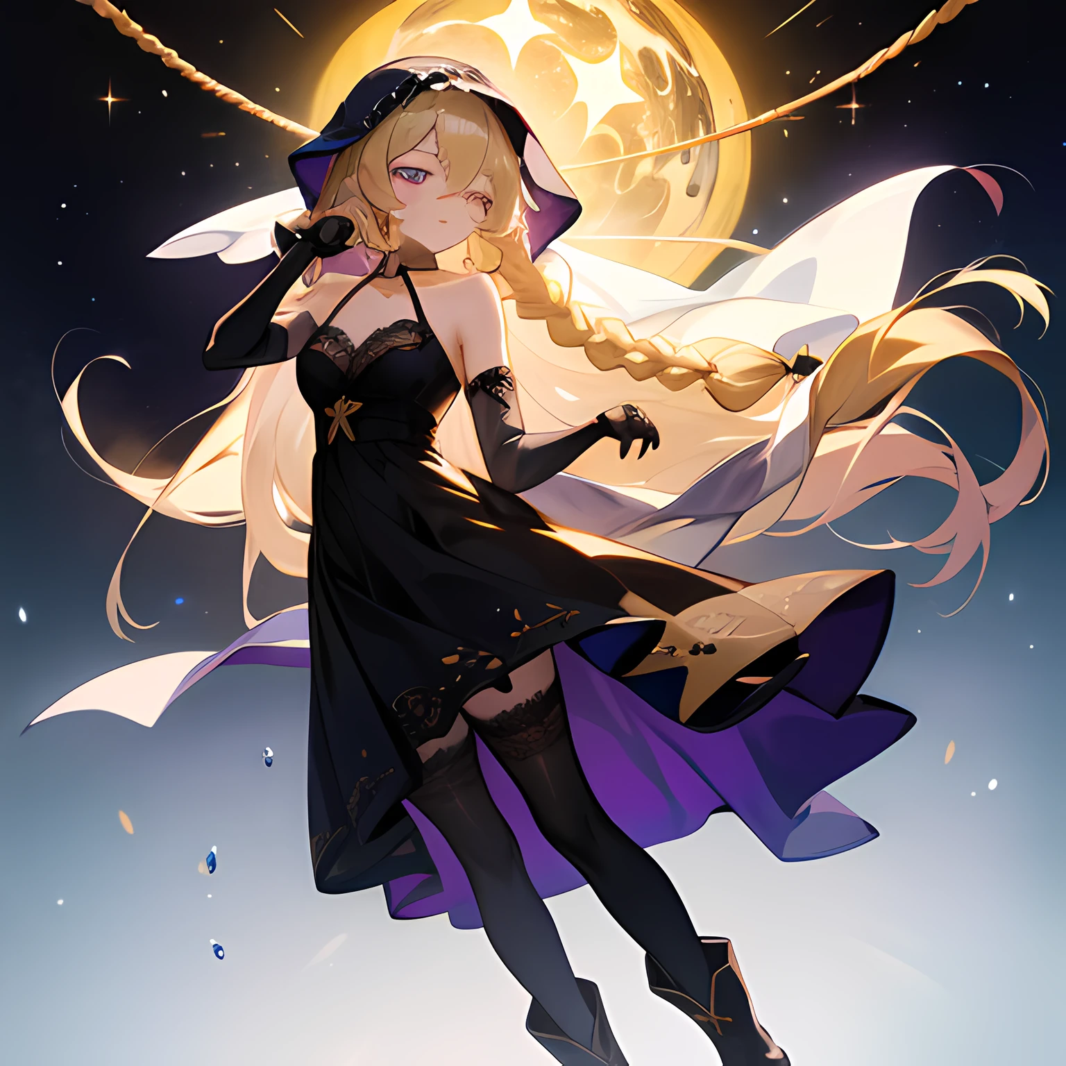 best quality, absurdly long hair , masterpiece,milf,Lace,{hair over shoulder}, gradient hair, {blonde hair}, {purple eyes}, {gradient eyes}, {{{purple eyeshadow}}},black thighhighs, {{{White robe}}},bangs,shoulders, bound, braid,masterpiece,tiara, veil, elbow gloves , closed eyes, closed mouth,lolita hairband, collarbone, dress, hair between eyes, hair over shoulder, hood up, long hair, rope, simple background, single braid, solo, very long hair, white dress,starry night, mysterious, elegant, cold, mature,black dress, black boots