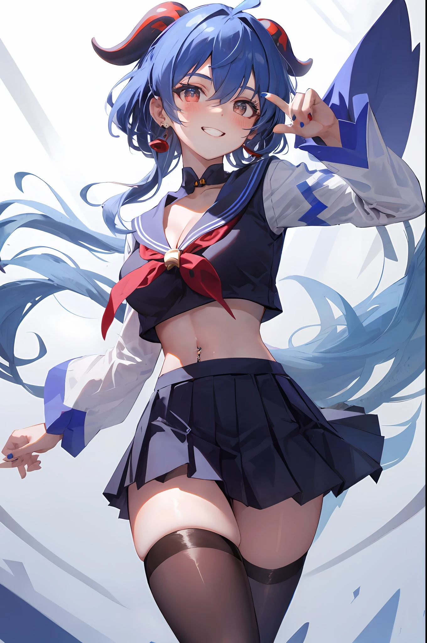 Ganyu, 1girl, solo, sailor uniform, show stomach, black thighhighs, breasts, cleavage, simple background, pleated skirt, hair between eyes, large breasts, long hair, looking at viewer, light blue hair, blue short nails, solo, thighhighs, thighs, long hair, ((masterpiece)), standing, ear piercing, sexy pose, blush, shy, smile, show teeth, white background, detailed hand, beautifull finger,