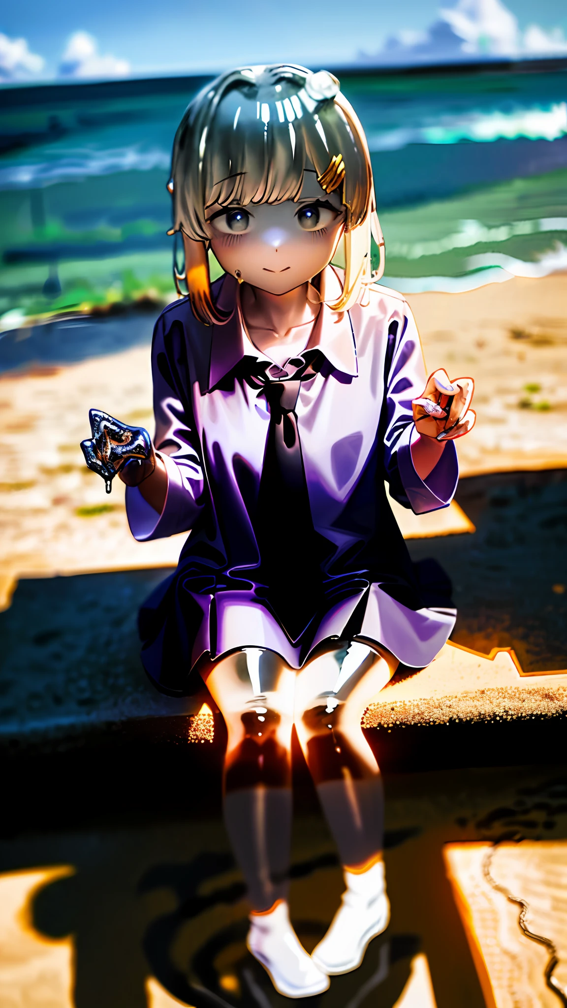 (sfw), (masterpiece: 1.2), best quality, masterpiece, high resolution, original, extremely detailed wallpaper, (ultra-detailed), (best illustration), (best shadow), (Kobeni), small breasts, turgid breasts, (white collar shirt) (black tie), (shirt spot), 1 girl, looking at the viewer, , (peace sign),1 girl, (slime girl: 1.3), (transparent: 1.3), (transparent: 1.1), white highs, (refraction, Reflection: 1.1 ), transparent face, transparent body, transparent skin, sunny day, on the beach,