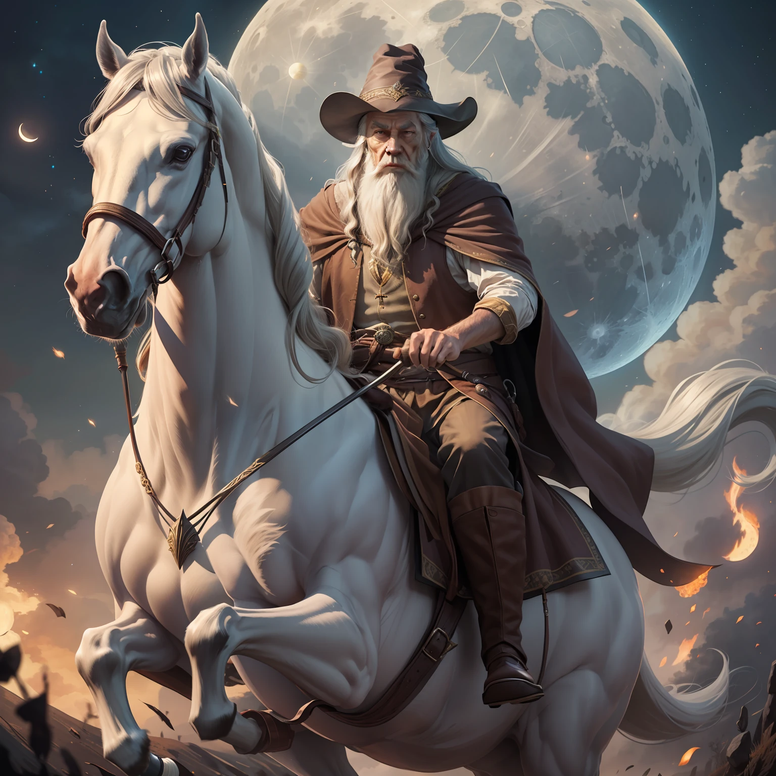 An old wizard riding a horse with the moon background, dark brown robes, silver horse, Gandalf, Lord of the Rings, clear night, staff, pointed hat, beard, detailed, OctaneRender, Quality