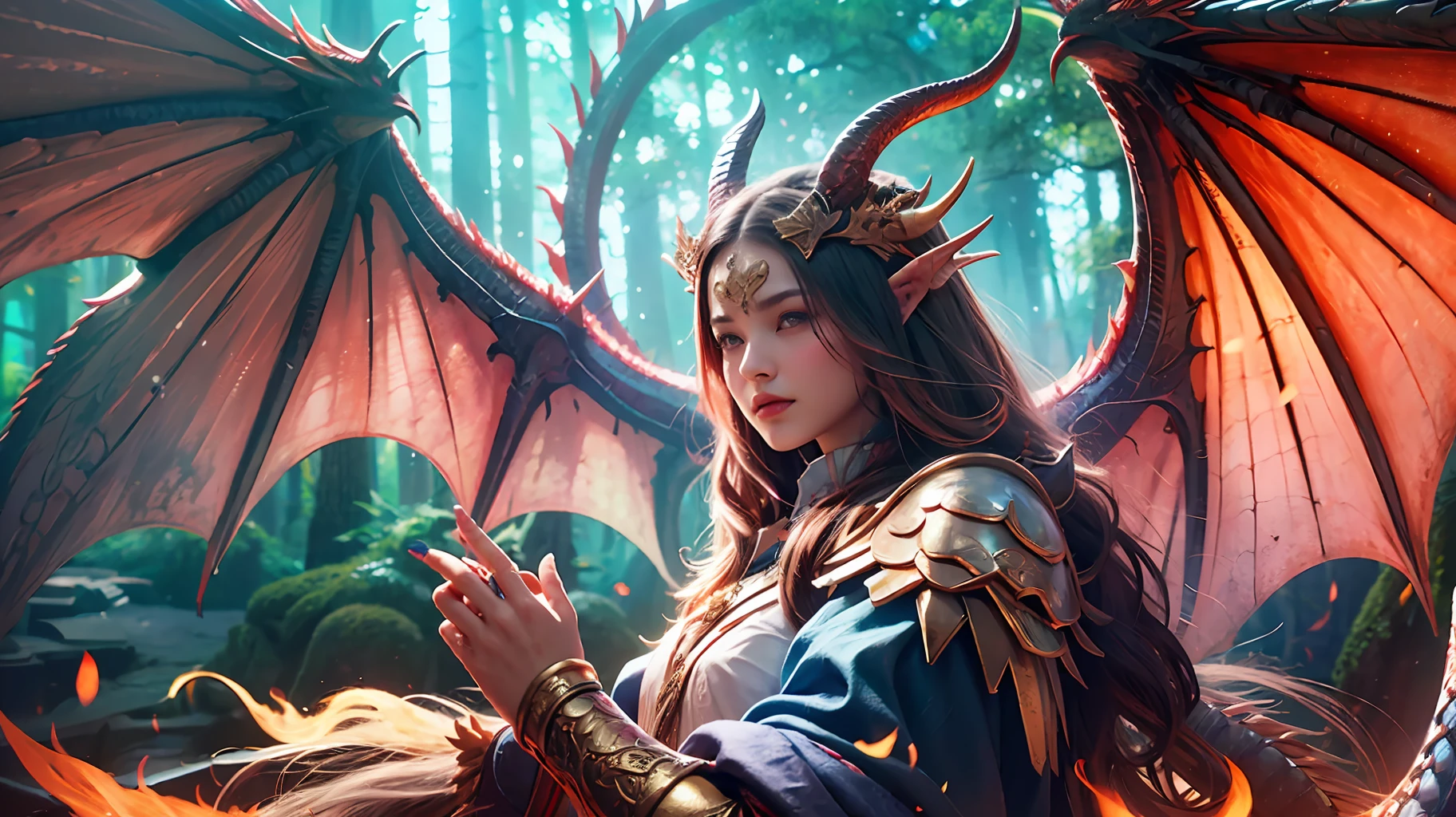 A beautiful girl with a rainbow dragon, girl, long hair, graceful, wisdom, courage, rainbow dragon, scales, horns, flame, wings, dragon claw, dragon protects girl, background for ancient forest, mysterious connection, protection, trust, realistic quality, realism, 8k, best quality, masterpiece, cinematic quality, high chiaroscuro, octane rendering
