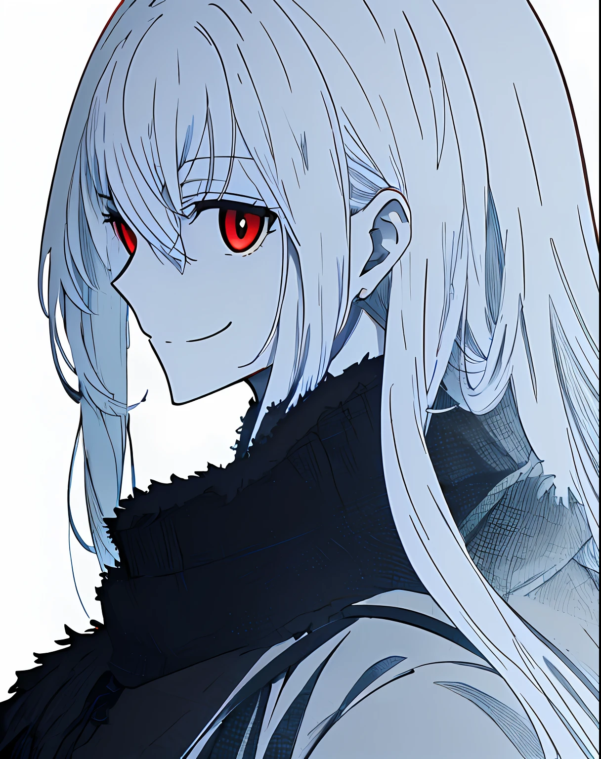 1E-girl,(dark character),long hair,white hair,girl with evil smile,portrait,profile photo,red and beautiful eyes,lots of details,(anime style),black funco,