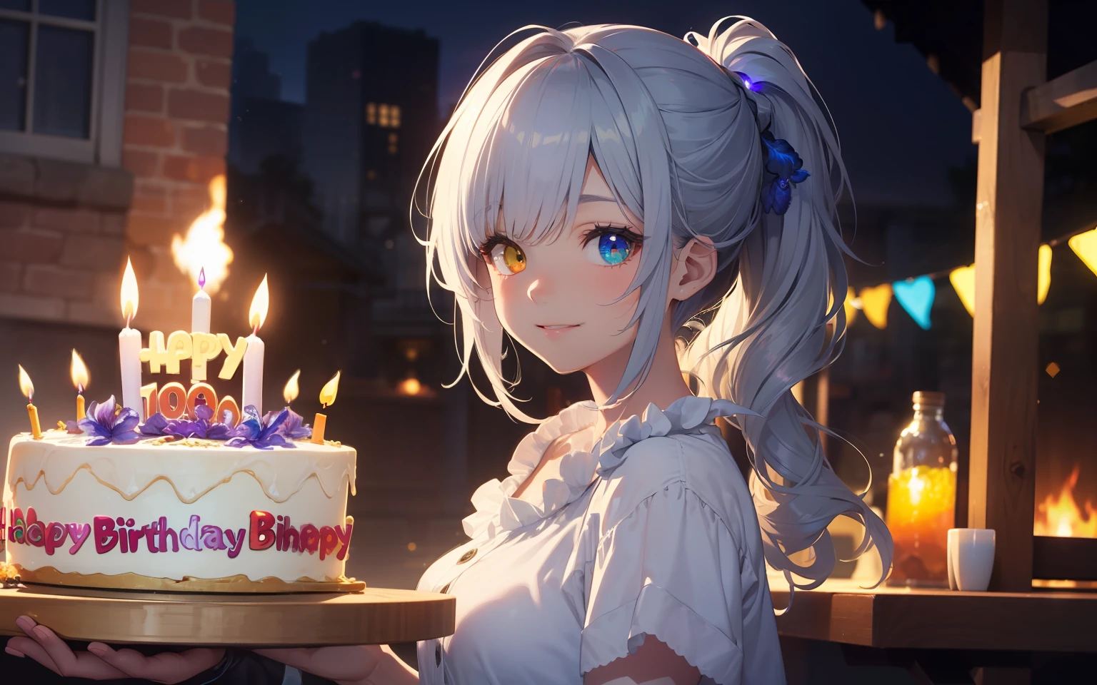 masterpiece, Top Quality, Photorealistic, Ultra detailed, Delicate, Orderly, High Detail, Bluish-silver ponytail, (drooping heterochromia iris:1.3),,10 yearsassing,Smile,Slender,Cowboy shot, Blurred background,(One Girl:1.1),Game CG,Dynamic Angle,(Bioluminescent hair,Glowing eyes:1.2), ambient occlusion,ambient light,ray-traced reflection, glow,glowing aura,glowing hair,birthday celebration,blessing,
happy Birthday,
crack a cracker