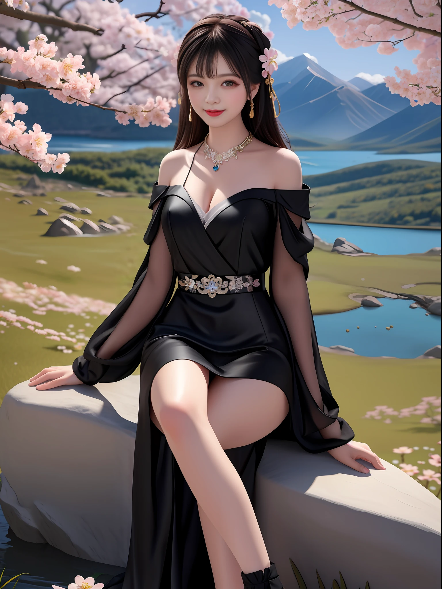 (((A girl))), ((solo)), (Best quality: 1.4), Masterpiece, High quality, High resolution, Excellent, Photo, 8k, wallpaper, very realistic and realistic, sitting on stone, (blush), star pupil, (realistic face), (high detail face), smile, healing smile, cherry lips, bright big eyes, delicate eyelashes, beautiful face, beautiful and delicate face, (realistic skin), soft light, Chinese Ming dynasty Hanfu, (((black dress))), ( Short skirt), (bandeau), (cleavage), (large ?????), leaky shoulders, (leaky legs), long sleeves, (long hair), (bangs), (hair accessories), jewelry, necklaces, jewelry, beauty, ((mountain), (lake), (cherry blossom bloom)), high detail background, 8k, HDR, DSLR, high quality, voyeur, photo, high resolution, 4k
