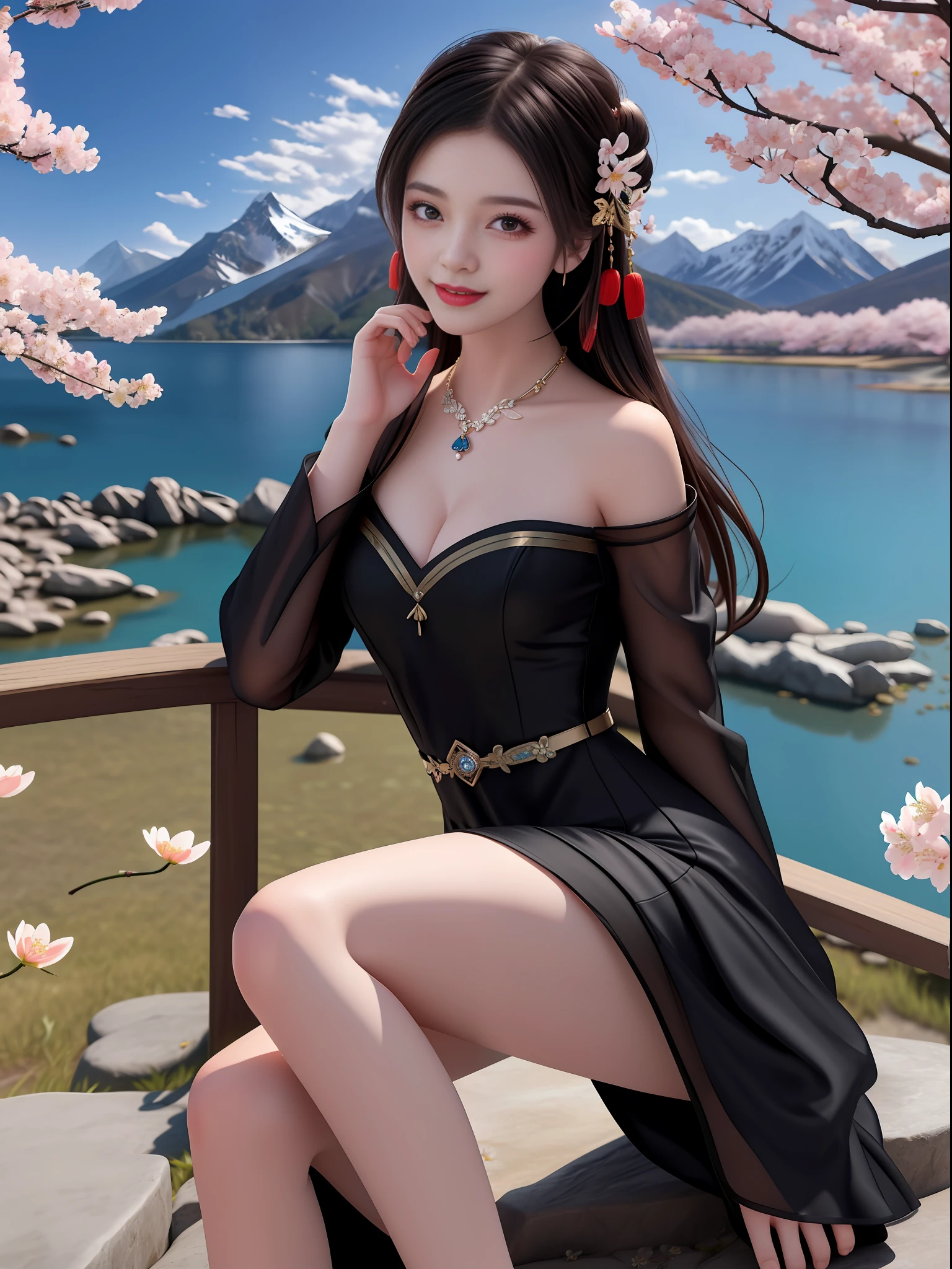 (((A girl))), ((solo)), (Best quality: 1.4), Masterpiece, High quality, High resolution, Excellent, Photo, 8k, wallpaper, very realistic and realistic, sitting on stone, (blush), star pupil, (realistic face), (high detail face), smile, healing smile, cherry lips, bright big eyes, delicate eyelashes, beautiful face, beautiful and delicate face, (realistic skin), soft light, Chinese Ming dynasty Hanfu, (((black dress))), ( Short skirt), (bandeau), (cleavage), (large chest), leaky shoulders, (leaky legs), long sleeves, (long hair), (bangs), (hair accessories), jewelry, necklaces, jewelry, beauty, ((mountain), (lake), (cherry blossom bloom)), high detail background, 8k, HDR, DSLR, high quality, voyeur, photo, high resolution, 4k