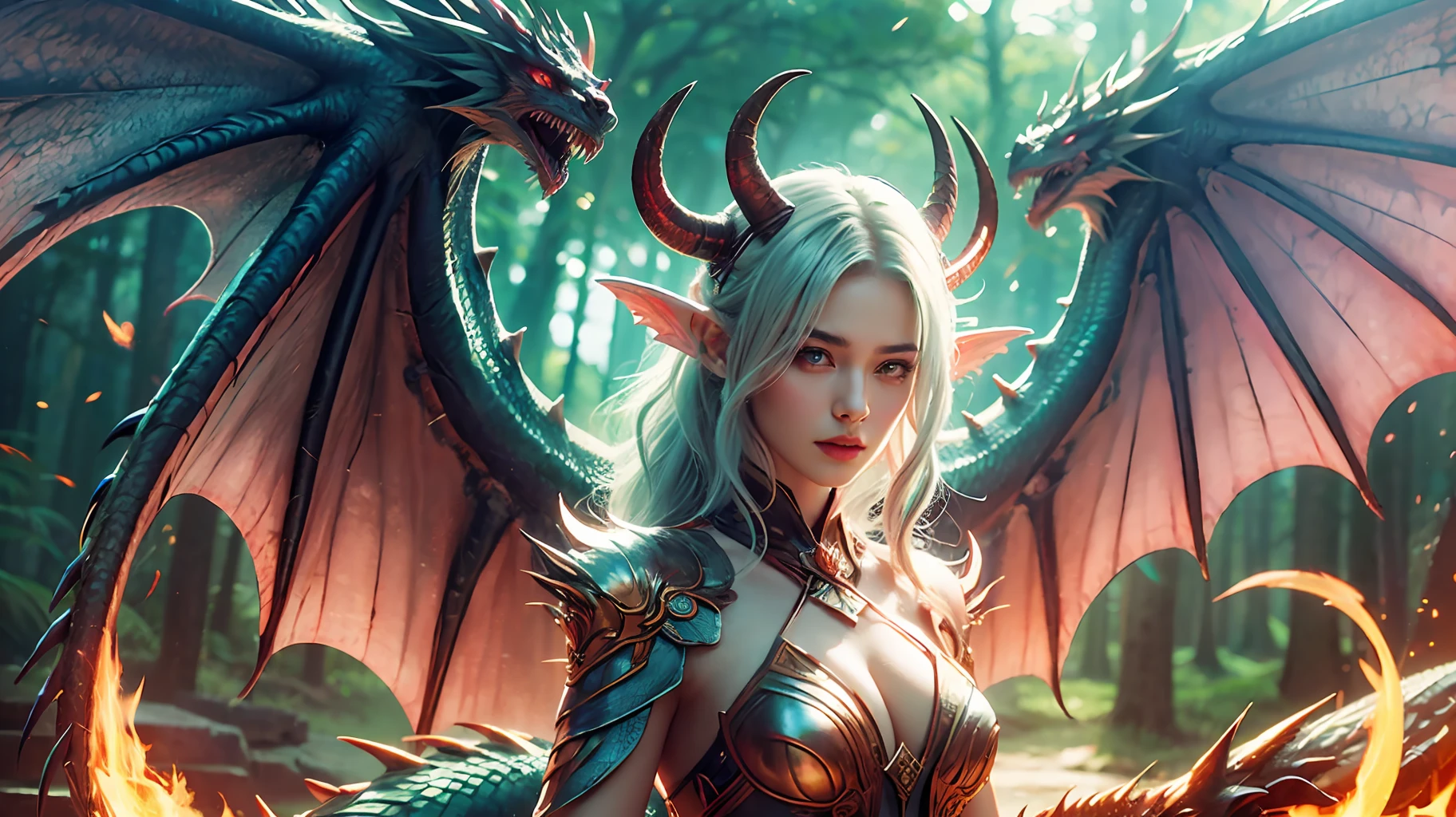 A beautiful girl with a rainbow dragon, girl, long hair, graceful, wisdom, courage, rainbow dragon, scales, horns, flame, wings, dragon claw, dragon protects girl, background for ancient forest, mysterious connection, protection, trust, realistic quality, realism, 8k, best quality, masterpiece, cinematic quality, high chiaroscuro, octane rendering