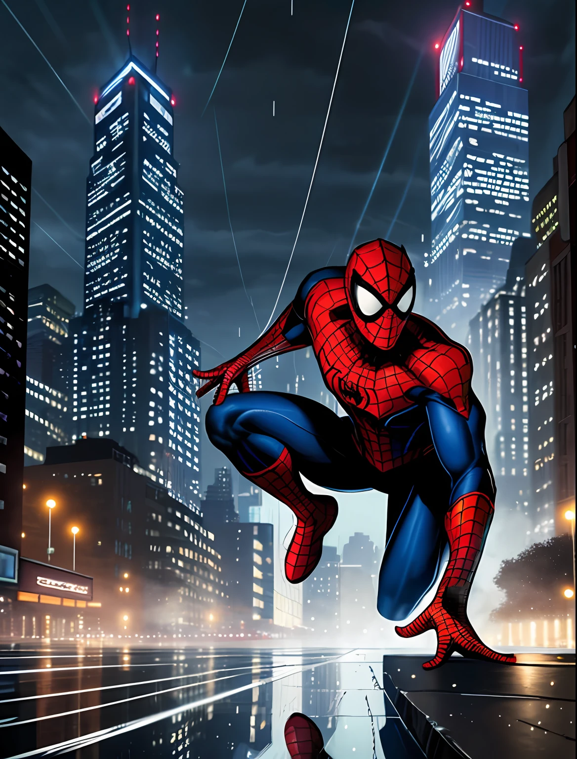 1boy, dark scene, (cowboy shot of spiderman), (realistic:0.8), (mid motion|speed lines:0.25), (web slinging between buildings), athletic, night city, (mist), particles, (light rain), male focus, mask, muscular:0.1, night, outdoors, rain, serious, dark atmosphere, city lights, (reflective glass), sky scrapers, new york city, detailed city background, dynamic pose, dramatic camera angle, (Art by J Scott Campbell:1.6), (volumetric lighting), (best quality), intricate details, tonemapping, sharp focus, very detailed, trending on Artstation, ((empty hands)), (good composition), (good proportions), (good architecture), (award winning), (masterwork), (masterpiece), centered:0.15,