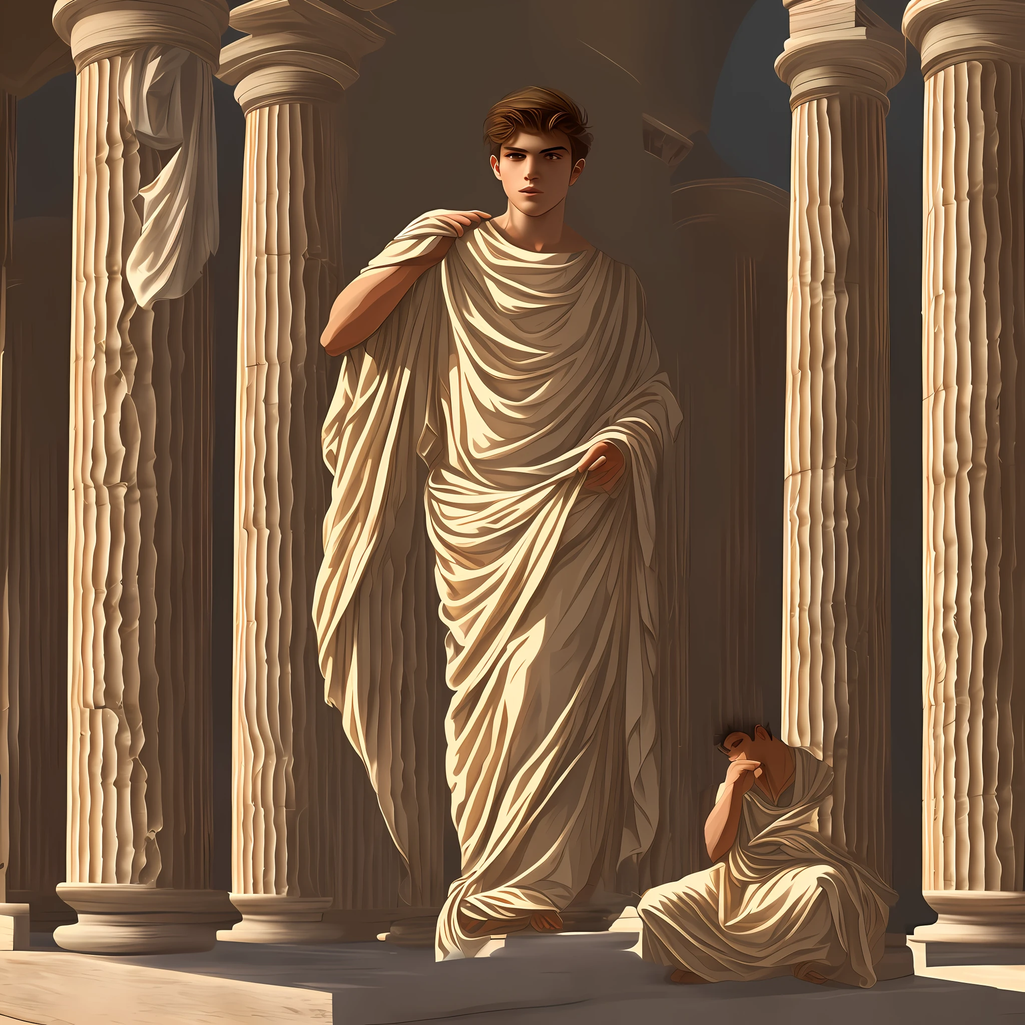 An ancient Greek boy, young, adolescent, king of Crete, Crete, cute, petite, graceful, elegant presence, chestnut short hair, hazel eyes, fully clothed with fashionable ancient Greek clothing, standing inside ancient Greek palace of Crete, intricate, elegant, highly detailed, digital painting by artgerm and artstation, masterpiece, one person only, extremely detailed, detailed background, best quality, ((fully clothed)), ancient Greek architecture, ancient Greece, Crete. clean shaven, flowers, effeminate, beardless