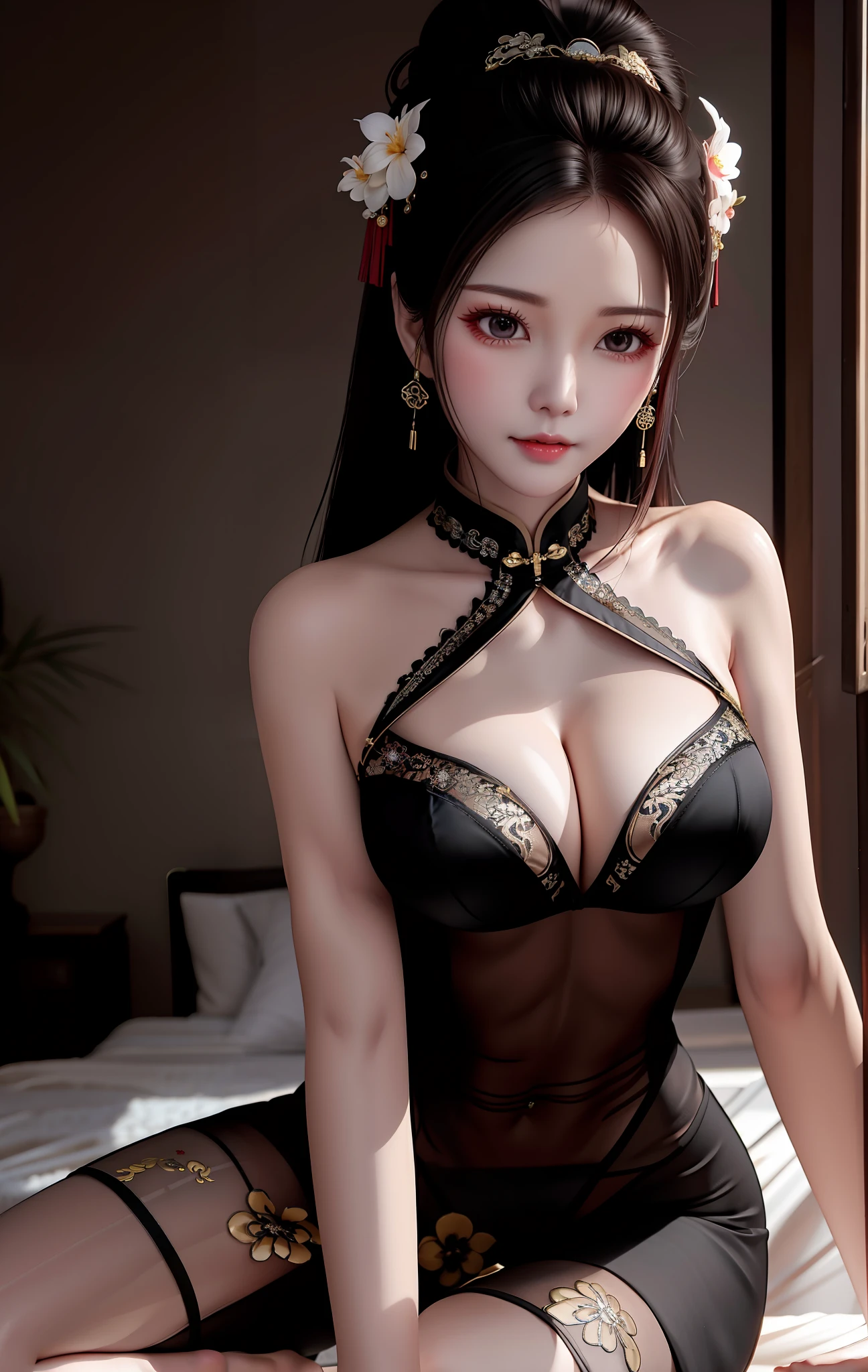 Mature, stiletto heels, slender and slender thighs, calves with muscles, long hair, standing, slightly fat, large chest, small calves, sweaty, HD, full body, no bra, huge breasts, squatting feet apart to show underwear, wearing cheongsam