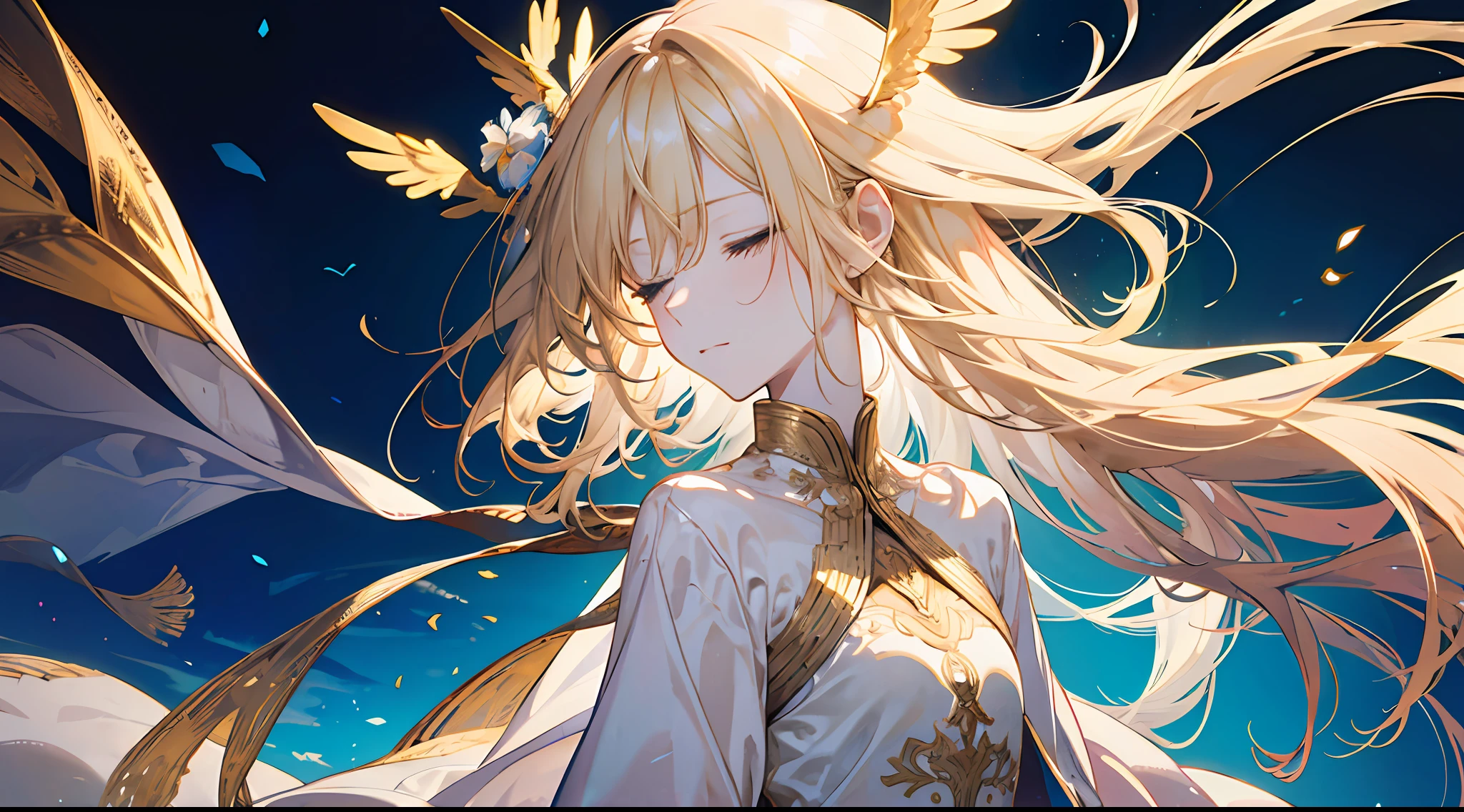 A , beautiful, otherworldly, elegant, full body, long blonde hair, simple dress, white and blue long dress, closed eyes, extreme details, magic, golden streamers surrounding, angel coming, magic array, heavenly god, holy, an angel sword that radiates golden light