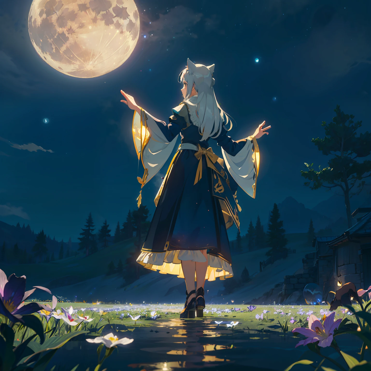 Extensive landscape photo , (above and below looking down), girl standing in flower field looking up, (full moon:1.2), ( shooting stars:0.9), (nebula:1.3), starry sky, white flower field, flower field shining, fantastic flower field, tree , (warm light source:1.2), (firefly:1. 2), lamp, orange and blue mostly fine details, voluminous lighting BREAK (Masterpiece:1.2), (top quality), 4k, super detailed, (dynamic composition:1.4), very fine details, colorful details, ( iridescent:1.2), (glowing lighting, atmospheric lighting), dreamy, fantastic, (solo:1.2), sparkling, glow, petals dancing, white hair, beautiful hair, long hair, cat ears, back view, water effects, soap bubbles, posed, hands are hidden in sleeves, Large lacy sleeves