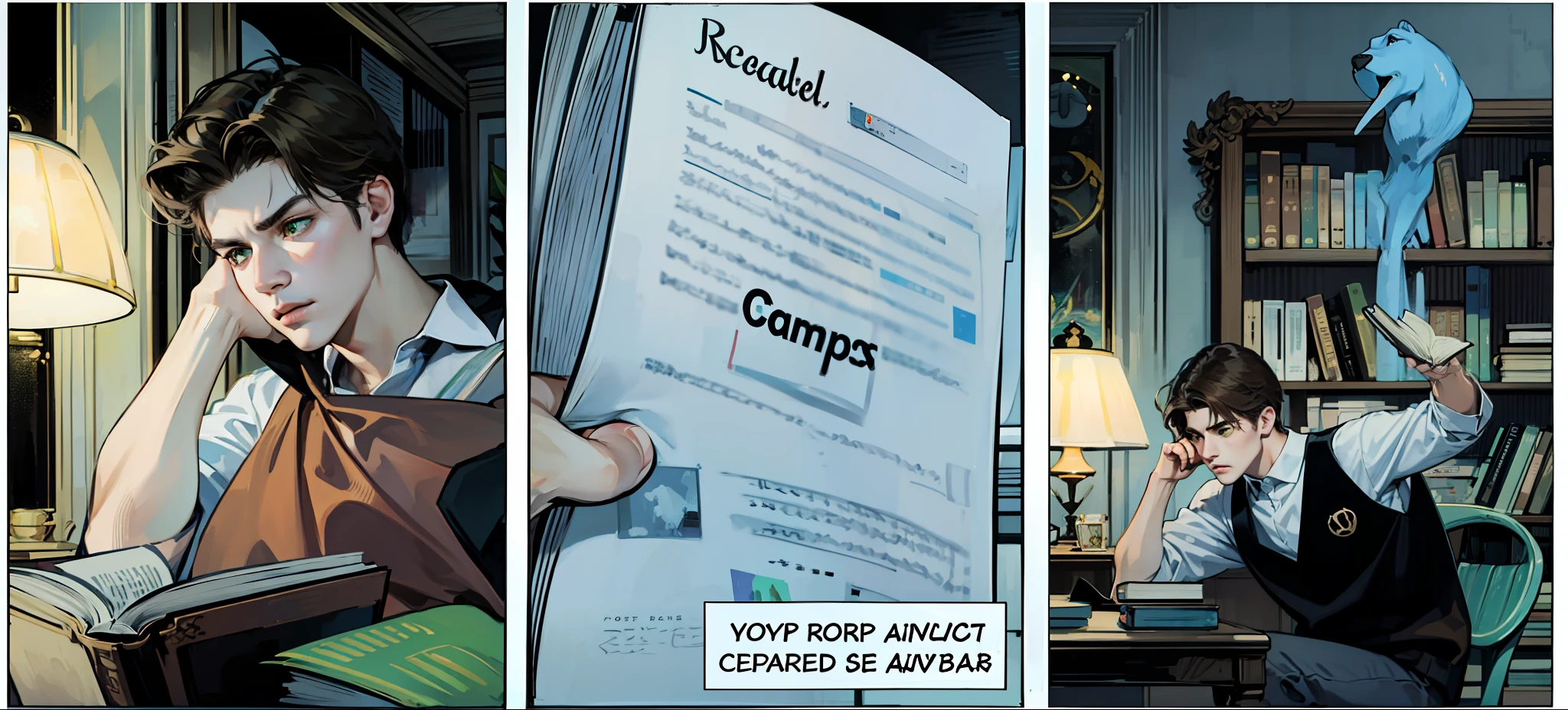 4k, realistic. Male teenager, brown camels, green eyes, reading a book. He's upset
