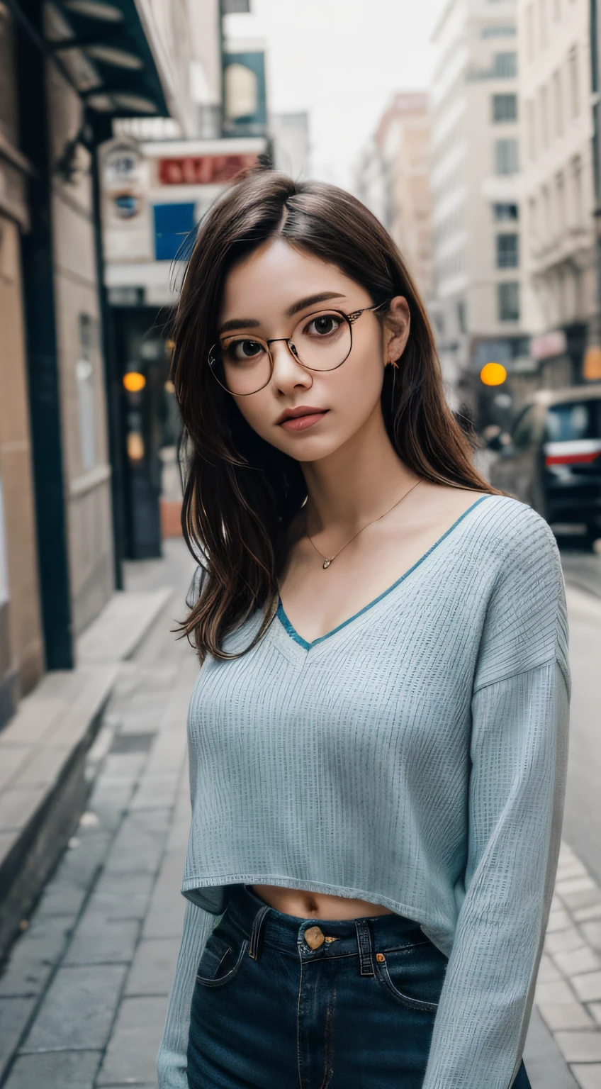 (RAW photo, best quality), (realistic, photo-realistic:1.3), extremely delicate and beautiful, Amazing, finely detail, masterpiece, ultra-detailed, highres, (best shadow),
sharp focus, volumetric fog, 8k UHD, DSLR, high quality, Fujifilm XT3,
a woman wearing glasses and a blue top posing for a picture in the street with her hand on her head, glasses, a picture, aestheticism