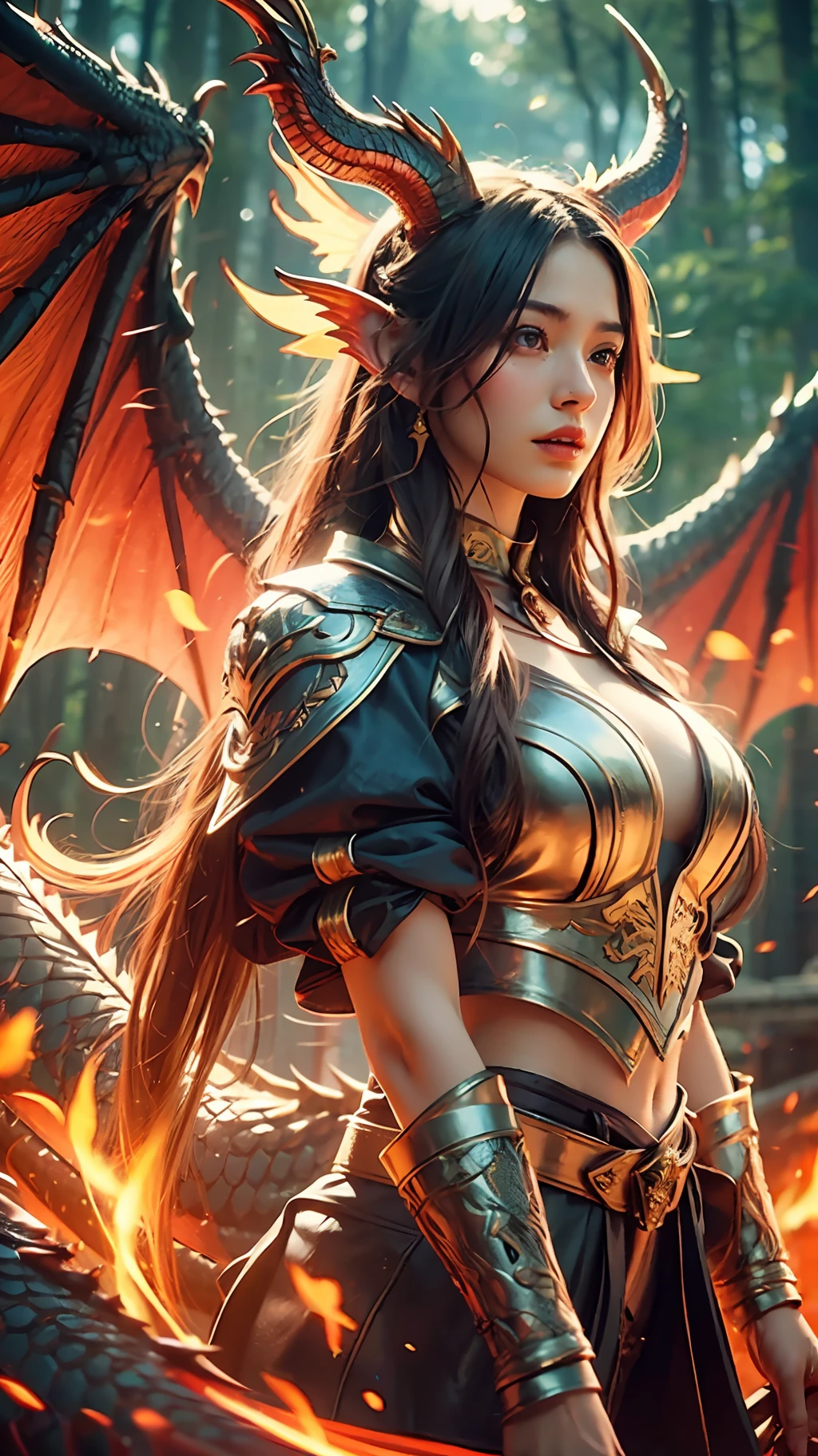A beautiful girl with a rainbow dragon, girl, long hair, graceful, wisdom, courage, rainbow dragon, scales, horns, flame, wings, dragon claw, dragon protects girl, background for ancient forest, mysterious connection, protection, trust, realistic quality, realism, 8k, best quality, masterpiece, cinematic quality, high chiaroscuro, octane rendering