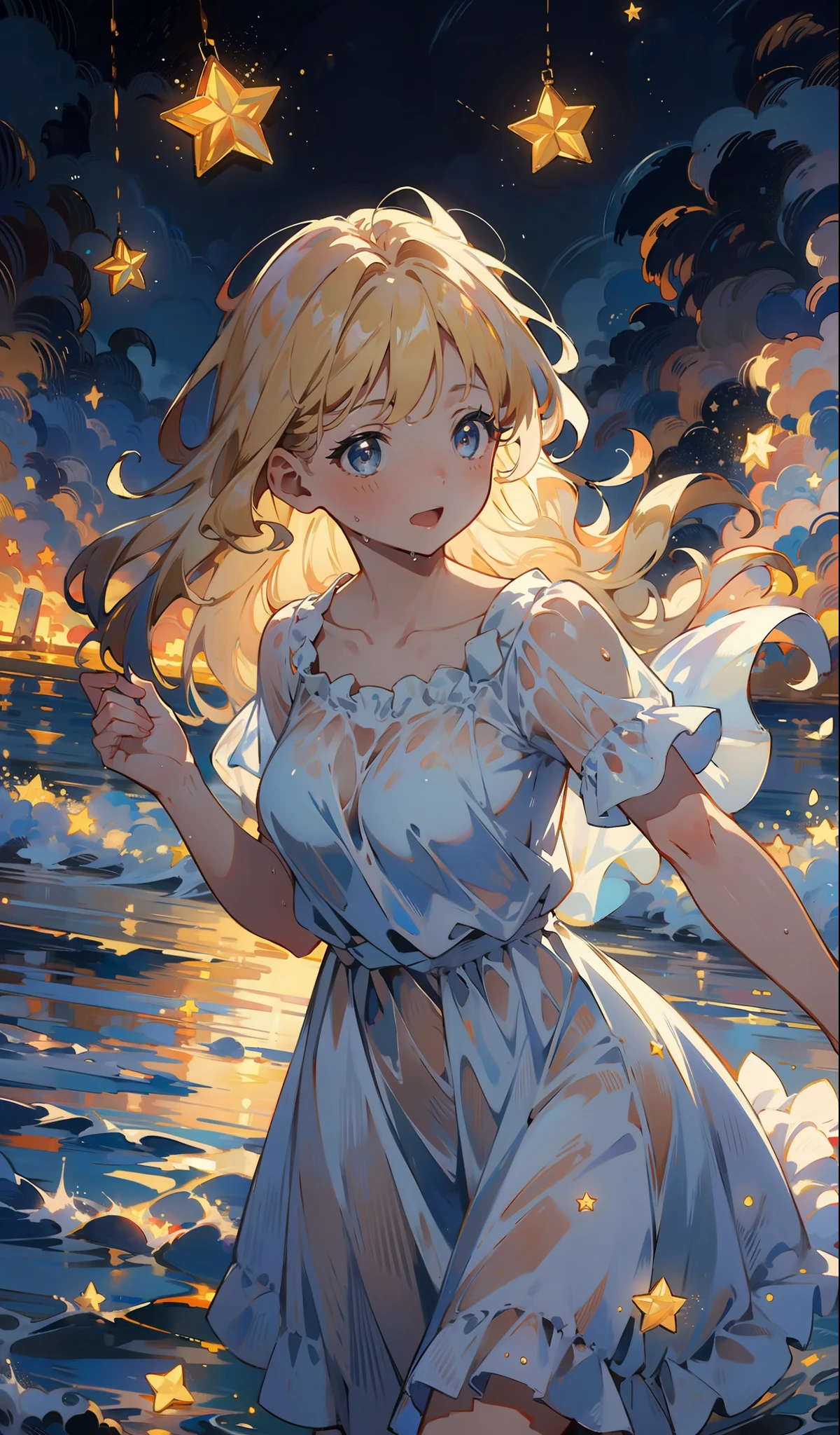 Stars, starlight, masterpiece, best quality, HDR. UHD.4K, 8K, 64K, Highly detailed, Ultra Fine Painting, Extreme Detail Depiction, Professional, Light and Shadow, Bright Colors, 1 Girl, Volume Light, 1 Girl, Blonde Hair, Medium Tits, Long Hair, Best Quality, Illustration, Beautiful Detailed Eyes, Pose, Wet White Dress, Starry Sky,