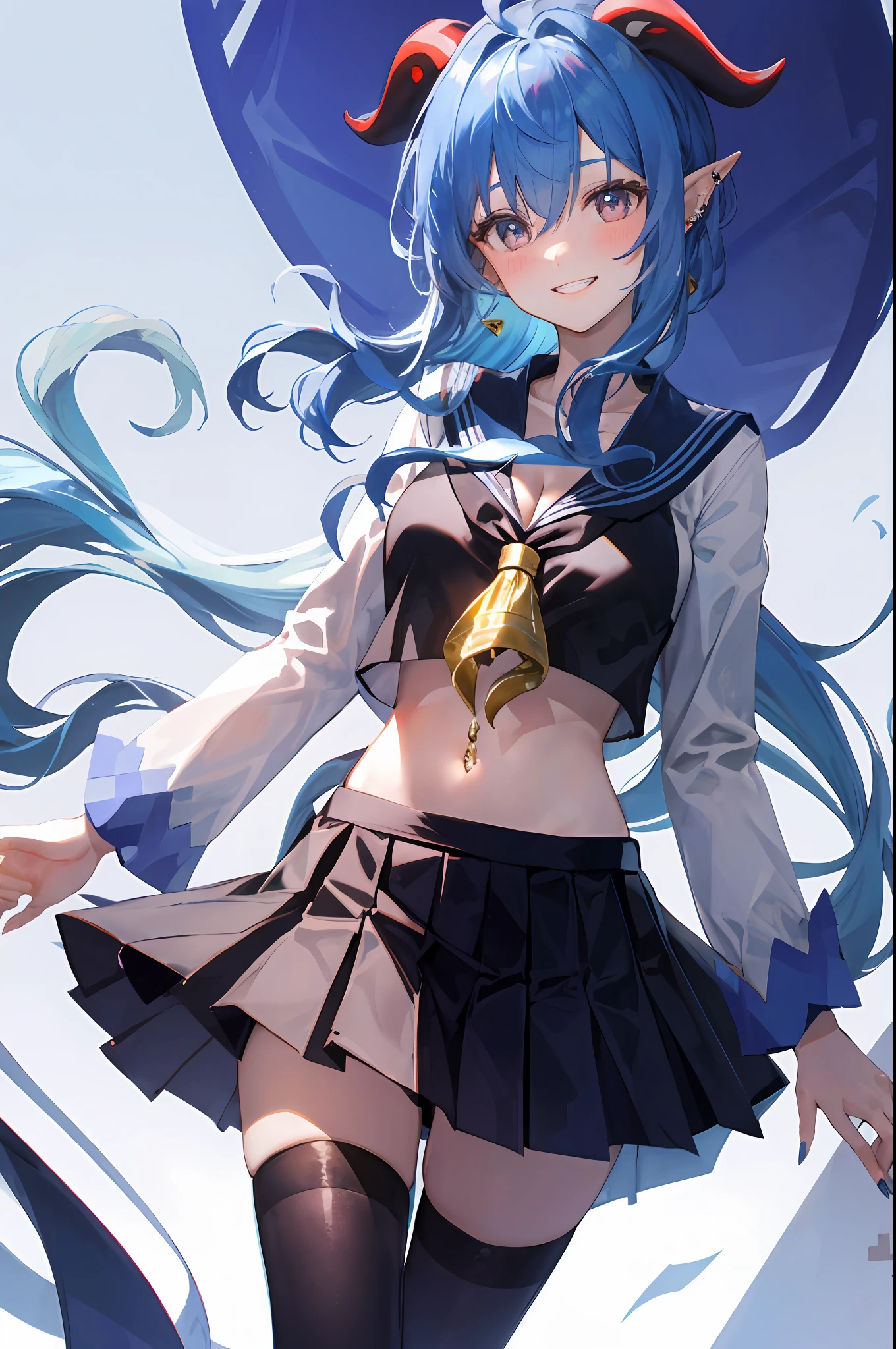 Ganyu, 1girl, solo, sailor uniform, show stomach, black thighhighs, breasts, cleavage, simple background, pleated skirt, hair between eyes, large breasts, long hair, looking at viewer, light blue hair, blue short nails, solo, thighhighs, thighs, long hair, ((masterpiece)), standing, ear piercing, sexy pose, blush, shy, smile, show teeth, white background, detailed hand, beautifull finger,