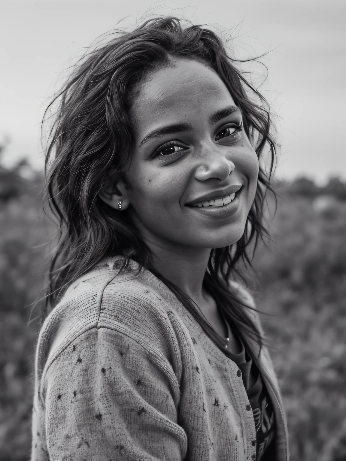 portrait of a young african girl, long hair, (brown eyes:1.2), chubby, messy hair, black pull over, over her shoulders, happy, grayscale, black and white, high contrast, detailed facial features