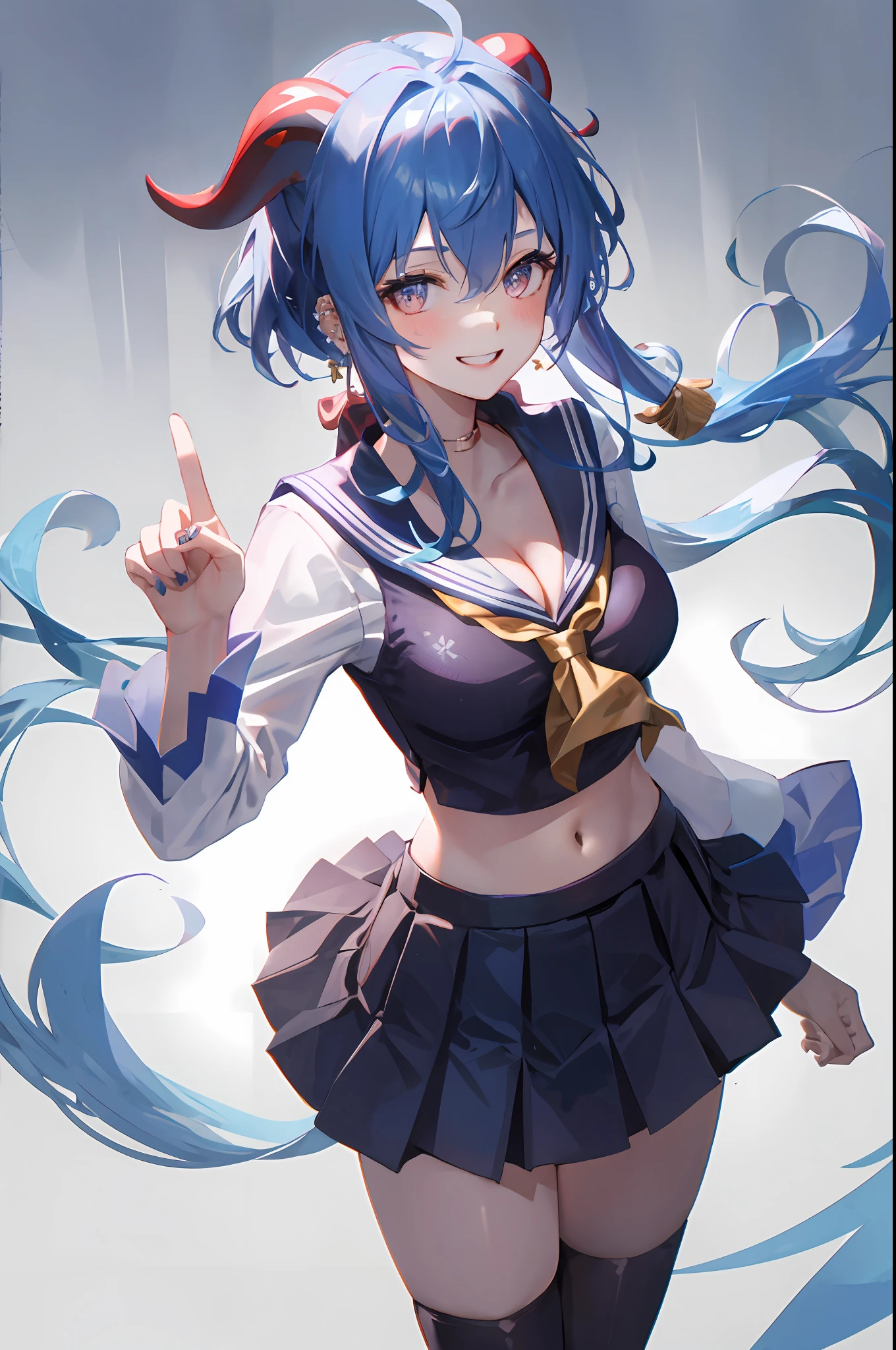 Ganyu, 1girl, solo, sailor uniform, show stomach, black thighhighs, breasts, cleavage, simple background, pleated skirt, hair between eyes, large breasts, long hair, looking at viewer, light blue hair, blue short nails, solo, thighhighs, thighs, long hair, ((masterpiece)), standing, ear piercing, sexy pose, blush, shy, smile, show teeth, white background, detailed hand, beautifull finger,