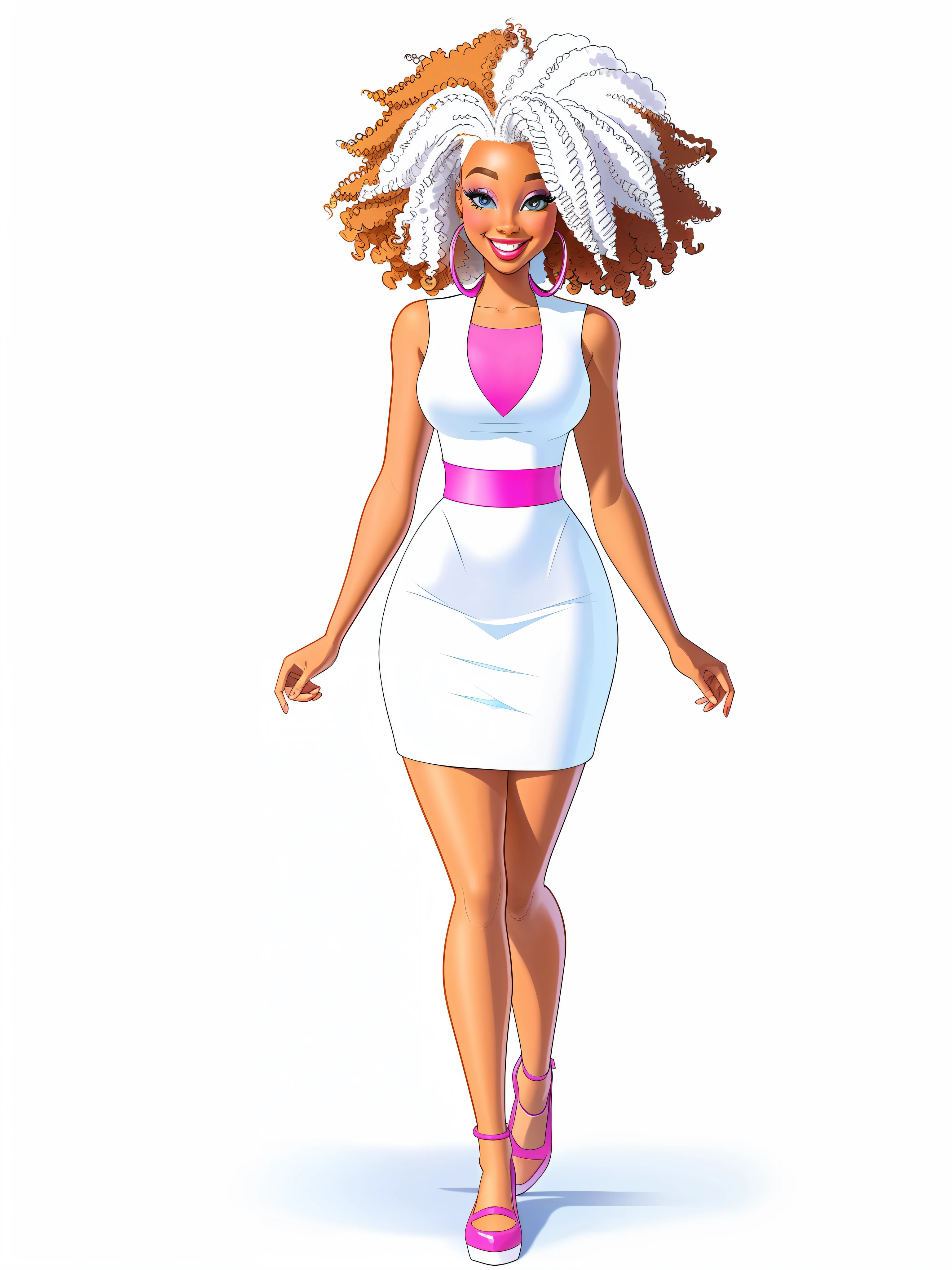 Drawing of a 20-year-old black woman (curly afro hair) full body, linear, outlines, perfect for the page of a coloring book, (disney art style), white background