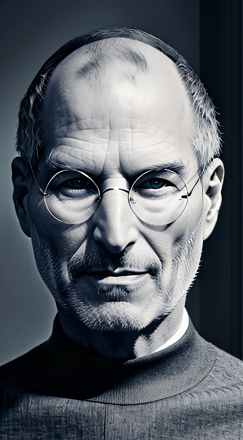 1man, old man, very Steve Jobs, deep set eyes, very thin, black simple turtle knitwear, confident, convincing, passion, portrait, front look, 4k, high-res, best quality, illustration --auto