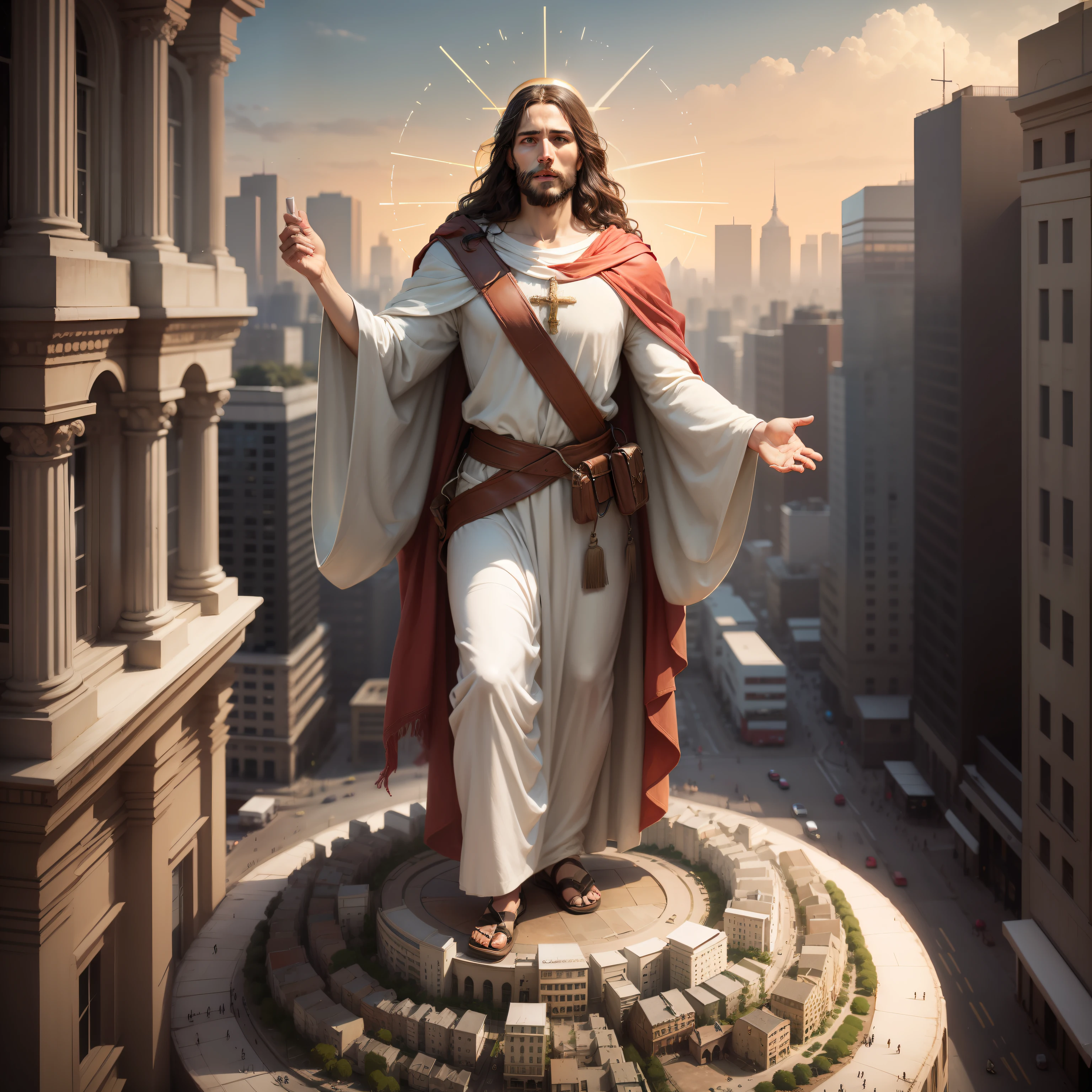 4K, realistic, charismatic, highly detailed, Jesus of Nazareth on top of the city, blessing the whole earth, full body