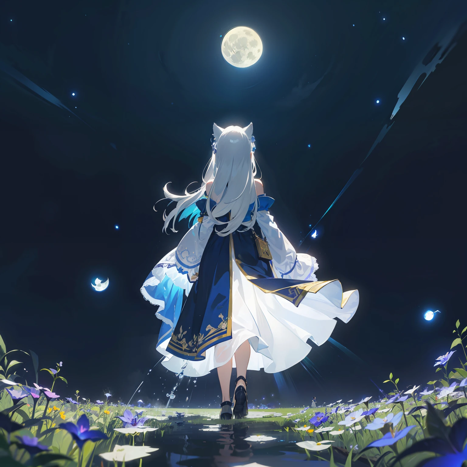 Extensive landscape photo , (above and below looking down), girl standing in flower field looking up, (full moon:1.2), ( shooting stars:0.9), (nebula:1.3), starry sky, white flower field, flower field shining, fantastic flower field, tree , (warm light source:1.2), (firefly:1. 2), lamp, orange and blue mostly fine details, voluminous lighting BREAK (Masterpiece:1.2), (top quality), 4k, super detailed, (dynamic composition:1.4), very fine details, colorful details, ( iridescent:1.2), (glowing lighting, atmospheric lighting), dreamy, fantastic, (solo:1.2), sparkling, glow, petals dancing, white hair, beautiful hair, long hair, cat ears, back view, water effects, soap bubbles, posed, hands are hidden in sleeves, Large lacy sleeves