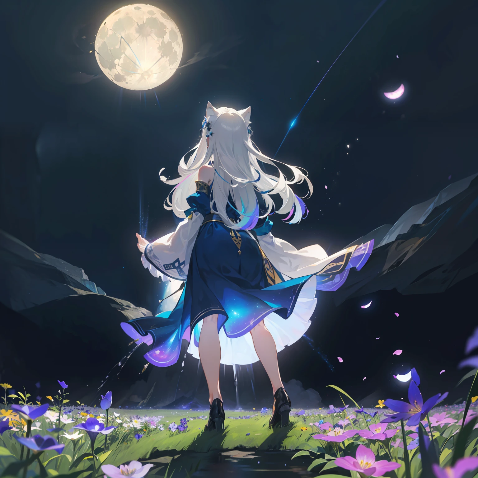 Extensive landscape photo , (above and below looking down), girl standing in flower field looking up, (full moon:1.2), ( shooting stars:0.9), (nebula:1.3), starry sky, white flower field, flower field shining, fantastic flower field, tree , (warm light source:1.2), (firefly:1. 2), lamp, orange and blue mostly fine details, voluminous lighting BREAK (Masterpiece:1.2), (top quality), 4k, super detailed, (dynamic composition:1.4), very fine details, colorful details, ( iridescent:1.2), (glowing lighting, atmospheric lighting), dreamy, fantastic, (solo:1.2), sparkling, glow, petals dancing, white hair, beautiful hair, long hair, cat ears, back view, water effects, soap bubbles, posed, hands are hidden in sleeves, Large lacy sleeves
