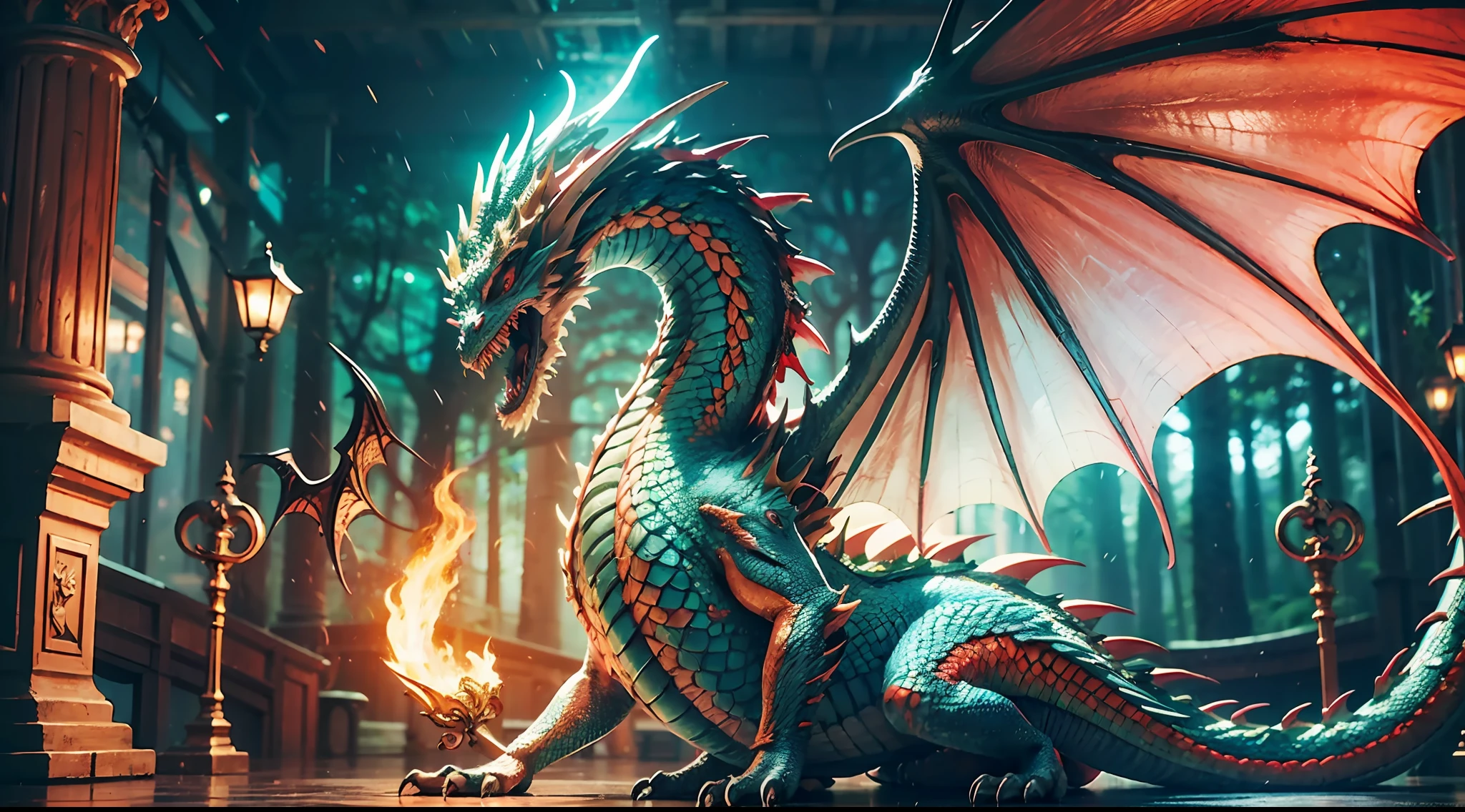 A beautiful girl with a rainbow dragon, girl, long hair, graceful, wisdom, courage, rainbow dragon, scales, horns, flame, wings, dragon claw, dragon protects girl, background for ancient forest, mysterious connection, protection, trust, realistic quality, realism, 8k, best quality, masterpiece, cinematic quality, high chiaroscuro, octane rendering