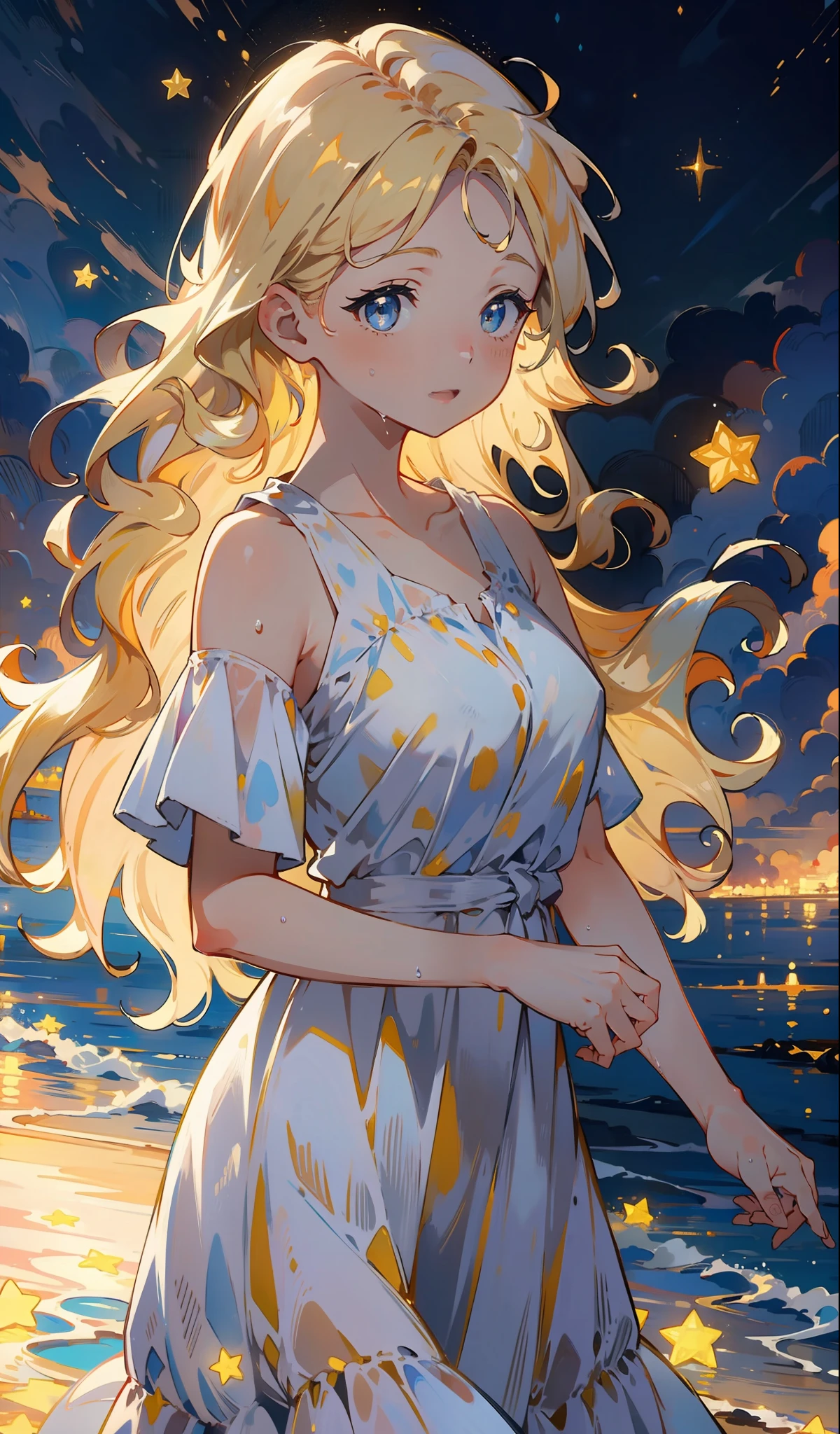Stars, starlight, masterpiece, best quality, HDR. UHD.4K, 8K, 64K, Highly detailed, Ultra Fine Painting, Extreme Detail Depiction, Professional, Light and Shadow, Bright Colors, 1 Girl, Volume Light, 1 Girl, Blonde Hair, Medium Tits, Long Hair, Best Quality, Illustration, Beautiful Detailed Eyes, Pose, Wet White Dress, Starry Sky,