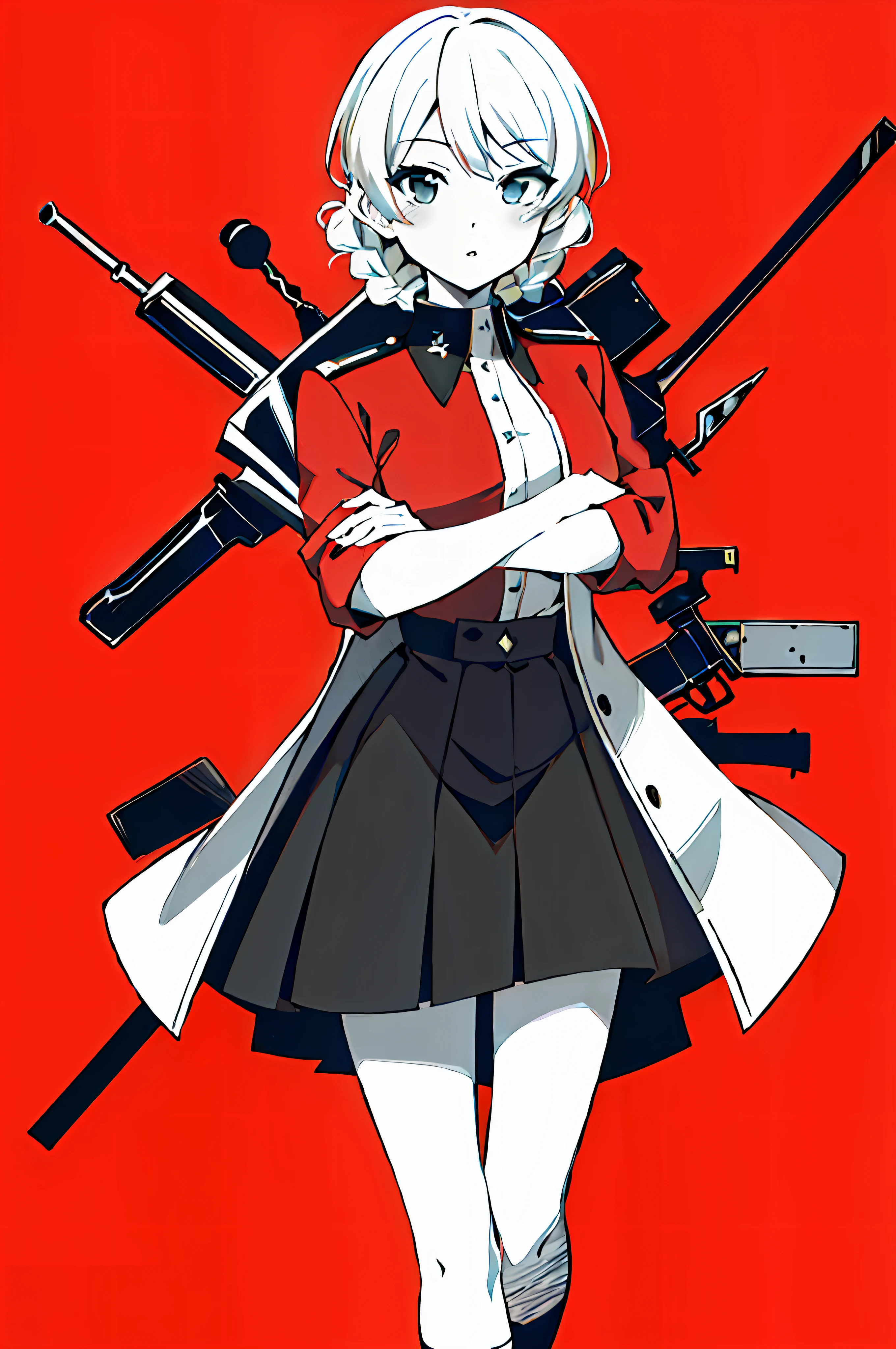 masterpiece, best quality, absurdity, perfect anatomy,one girl, darjeeling, twin braids, short hair, arms crossed, midchest, standing,watch viewer, st. gloriana's military uniform, black skirt, uniform, red jacket,lots of rifles,red_theme,monochrome,simple background,