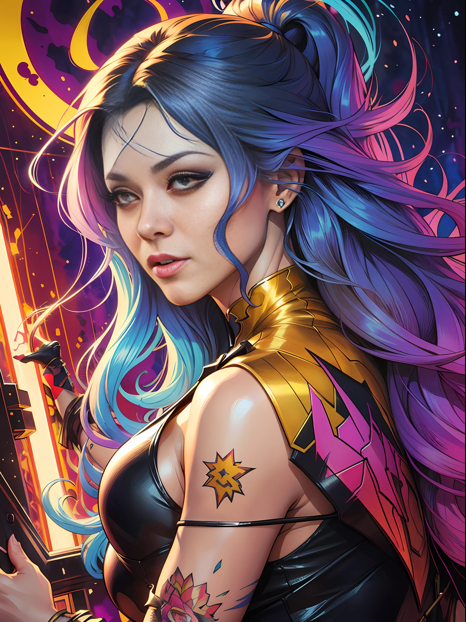 beautiful woman with long hair ultra detailed, (beautiful and clear background:1.2),, sharp claws pointed hair on back and fore-arms ,tatoon style , comic book style ,monster ultra detailed, (beautiful and clear background:1.2),, fantastic paintings ,graffit style , stained glass colored, out, vibrant, fantastic paintings by joe madureira ,high quality, --ar 3:4 --upbeta --test --creative --upbeta --upbeta --::jason fabok and yoji shinkawa style ::2.0 comix illustration style giant monster with big sharp upbeta --upbeta ,photo, sticker art, freedom, soul, digital illustration, comic style, centered, approaching perfection, dynamic, highly detailed, watercolor painting, artstation, concept art, smooth, sharp focus, illustration, art by carne griffiths and ,alone anime, centered, approaching perfection, dynamic, highly detailed, character sheet, artstation, concept art, smooth, sharp focus, illustration, art by kim jung gin, carne griffiths and wadim kashin , sasha yakovleva, loish, jeremy mann, character sheet, lightningwave, beautiful anime watercolor painting ,paint dripping by tim okamura, victor nizovtsev, greg rutkowski, noah bradley. trending on artstation, 8k, masterpiece, graffiti paint, fine detail, full of color, intricate detail, golden ratio illustration,monochromatic green background, masterpiece, best quality, high quality, highres, best quality, high resolution fix, bright amazing lighting, detail enhancement,(beautiful and clear background:1.2),, fantastic paintings ,graffit style, best quality, high quality, highres, detail enhancement, ((most beautiful image in the world)), masterpiece, best quality, high quality, highres, detail enhancement, ((most beautiful image )), , emphasis on the correct 5 fingers on each hand and the correct shadow, , bright image, art by stanley artgerm lau, art by kenneth rocafort, art by genzoman, art by joe madureira, art by blushyspicy, art by stjepan sejic, art by j scott campbell, art by guillem march, art by c