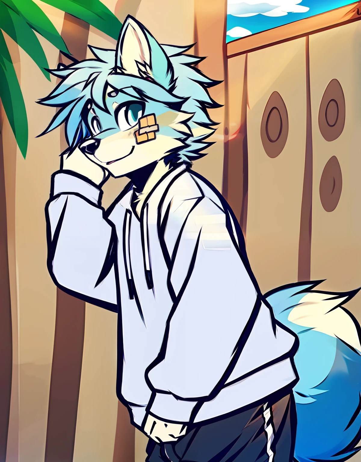 Dog, light blue fur, white sweatshirt, black pants, band-aid, kid, summer, pose, humanoid, big fluffy tail