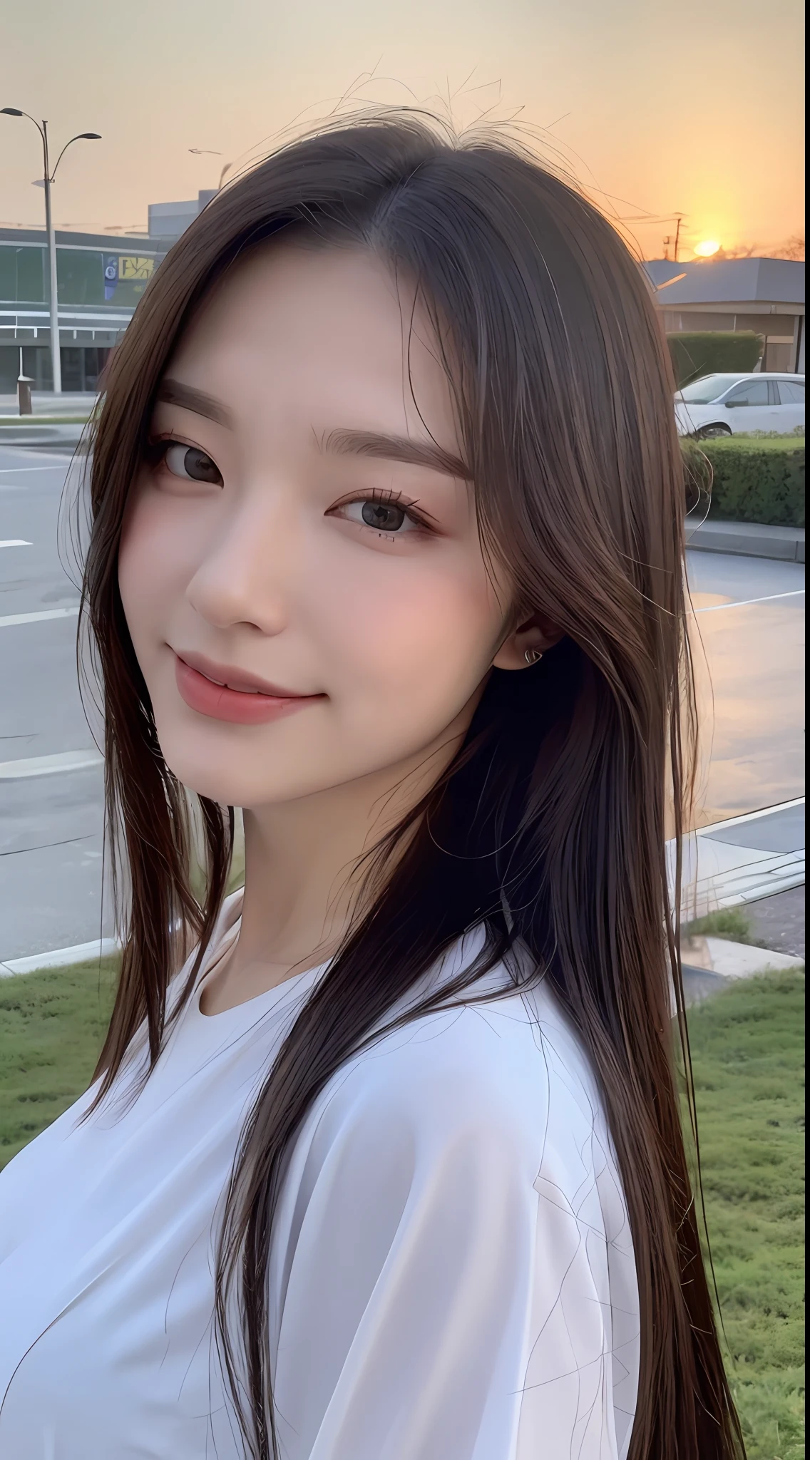 ((Top Quality, 8K, Masterpiece: 1.3)), Focus: 1.2, Perfect Beauty: 1.4, Astock: 1.2, ((Layered Hairstyle, Breasts: 1.2)), (Wet Clothes: 1.1), (Sunset, Street: 1.3), Halfway Flower Dress: 1.1, Highly Detailed Face and Skin Texture, Narrow Eyes, Double Eyelids, Whitening Skin, Long Hair, (Shut Up: 1.3), Smile, Beauty Unreal, Hairstyle Design