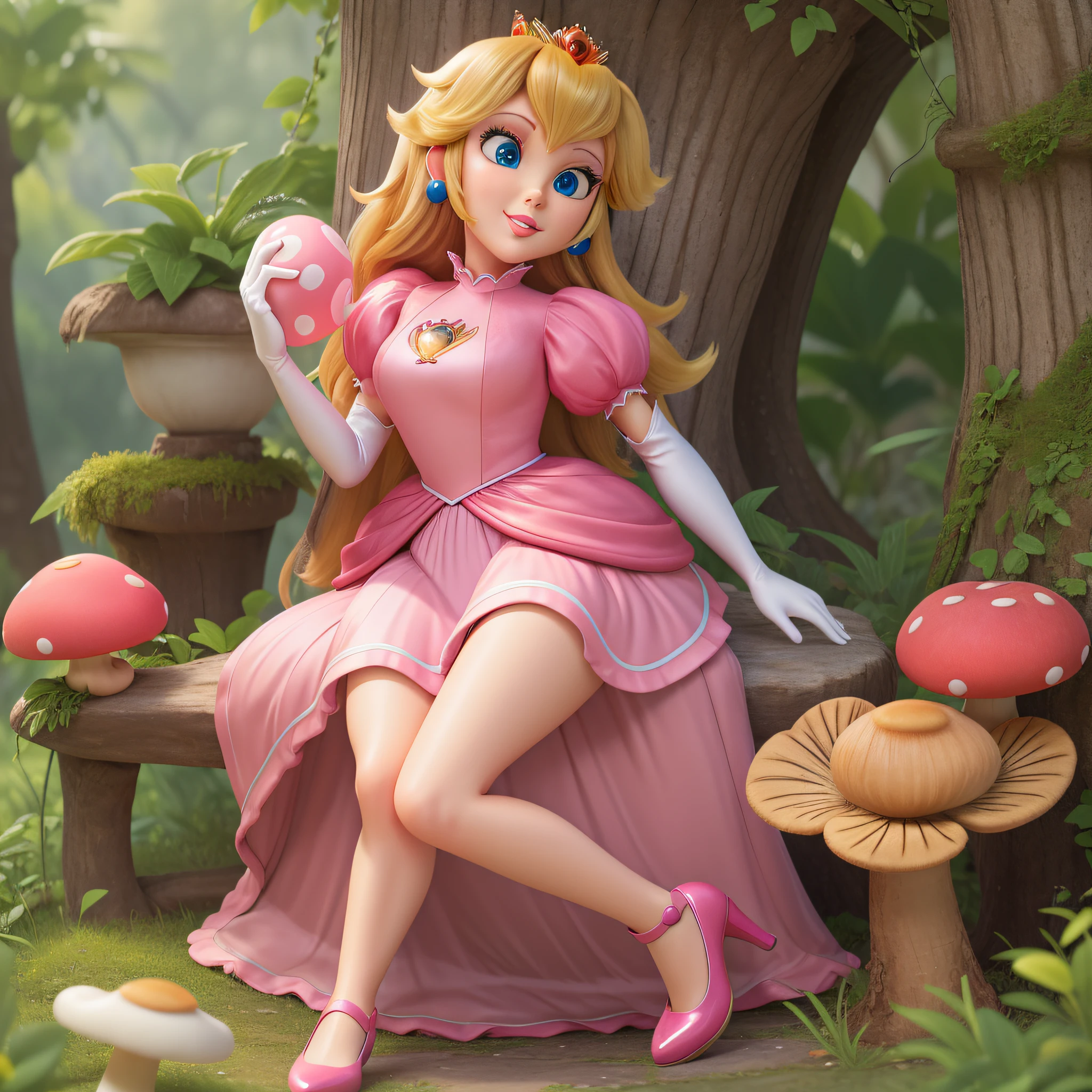 PrincessPeach is very shoked
highres, masterpiece, perfect ligthing, bloom, cinematic lighting, adult, perfect skin, female, looking at viewer, full body shot, smile, narrow waist, skinny, (PrincessPeach), (Princess Peach), (Pink Dress), detailled eyes, blue eyes, sensual, mushrooms,mushroom kingdom, pink lips, ((glossy lips)), pursed lips, pink pumps, glossy skin, oily skin, beautiful light, (day:1.3), bright