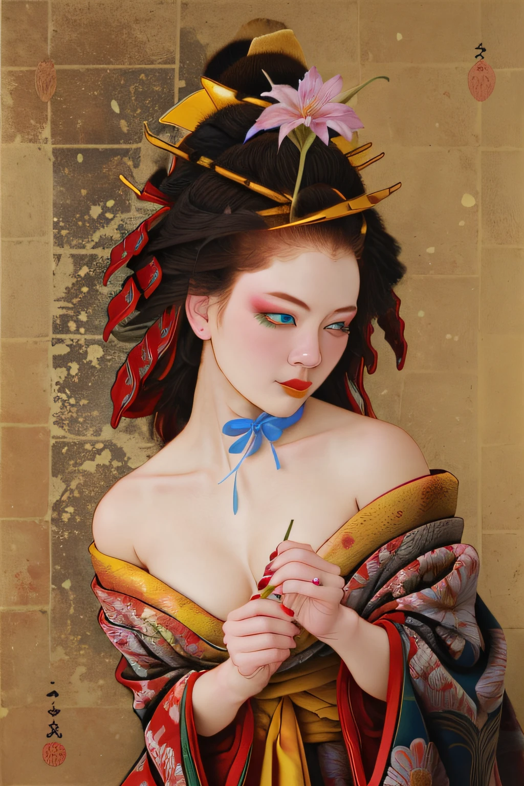 split color hair,ichiro,
1girl, solo, blue eyes, black hair, hair ornament, holding, cleavage, medium breasts, flower, japanese clothes, kimono, off shoulder, nail polish, makeup, lipstick, yellow background, red nails, eyeshadow, holding flower, hair stick, kanzashi, comb,