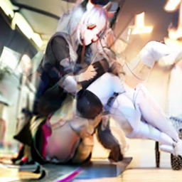 Red eyes, black cat ears, white hair, white stockings