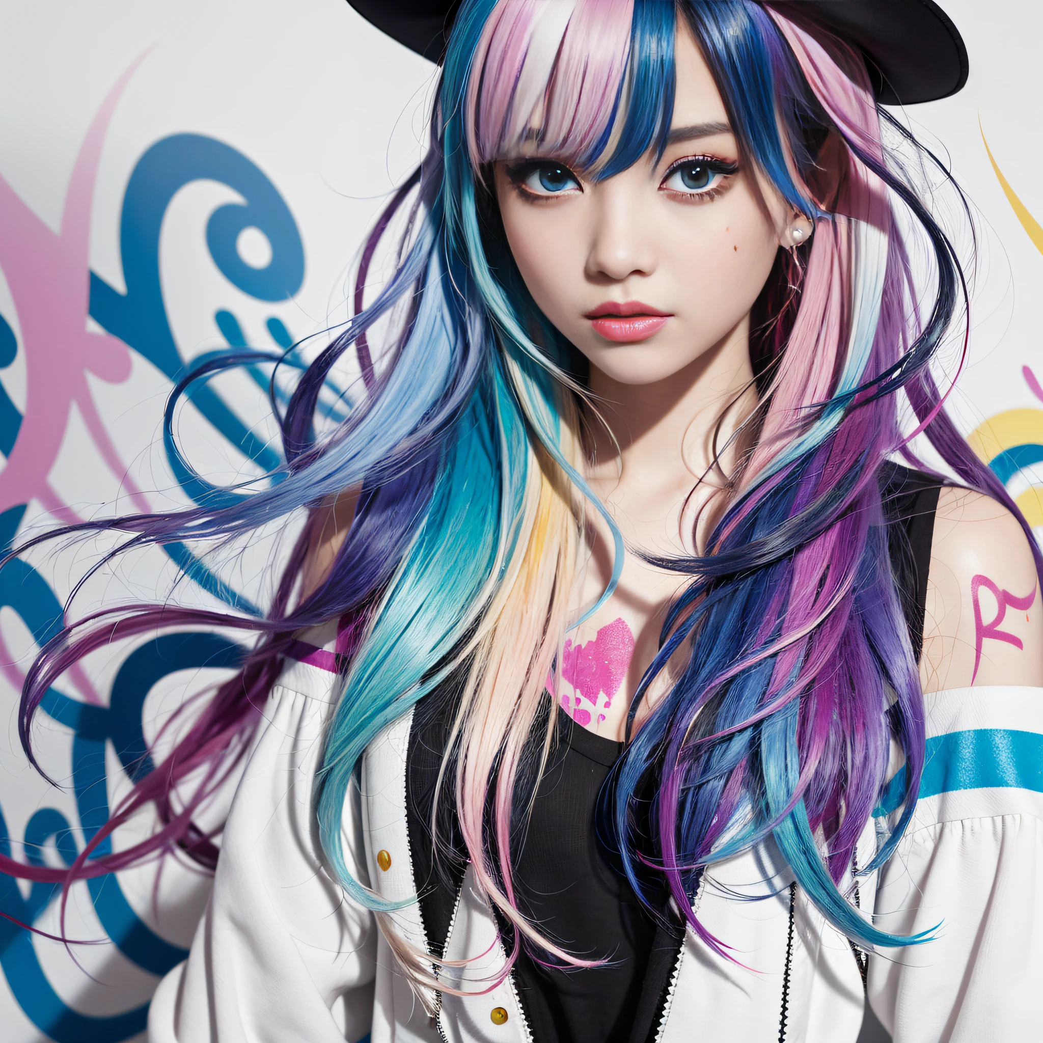 schoolgirl, beautiful detailed eyes, colorful, vivid colors, ((7girls: 1.5)), absurdity, top quality, striped hair, schoolgirl, latest fashion, (graffiti: 1.25), paint splatter, iridescent hair, paint on body