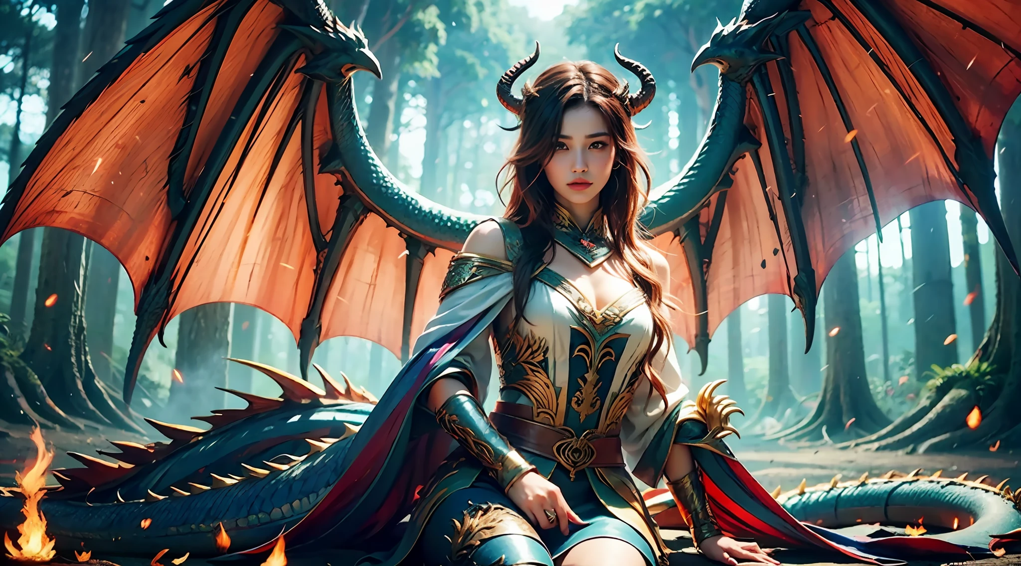 A beautiful girl with a rainbow dragon, girl, long hair, graceful, wisdom, courage, rainbow dragon, scales, horns, flame, wings, dragon claw, dragon protects girl, background for ancient forest, mysterious connection, protection, trust, realistic quality, realism, 8k, best quality, masterpiece, cinematic quality, high chiaroscuro, octane rendering